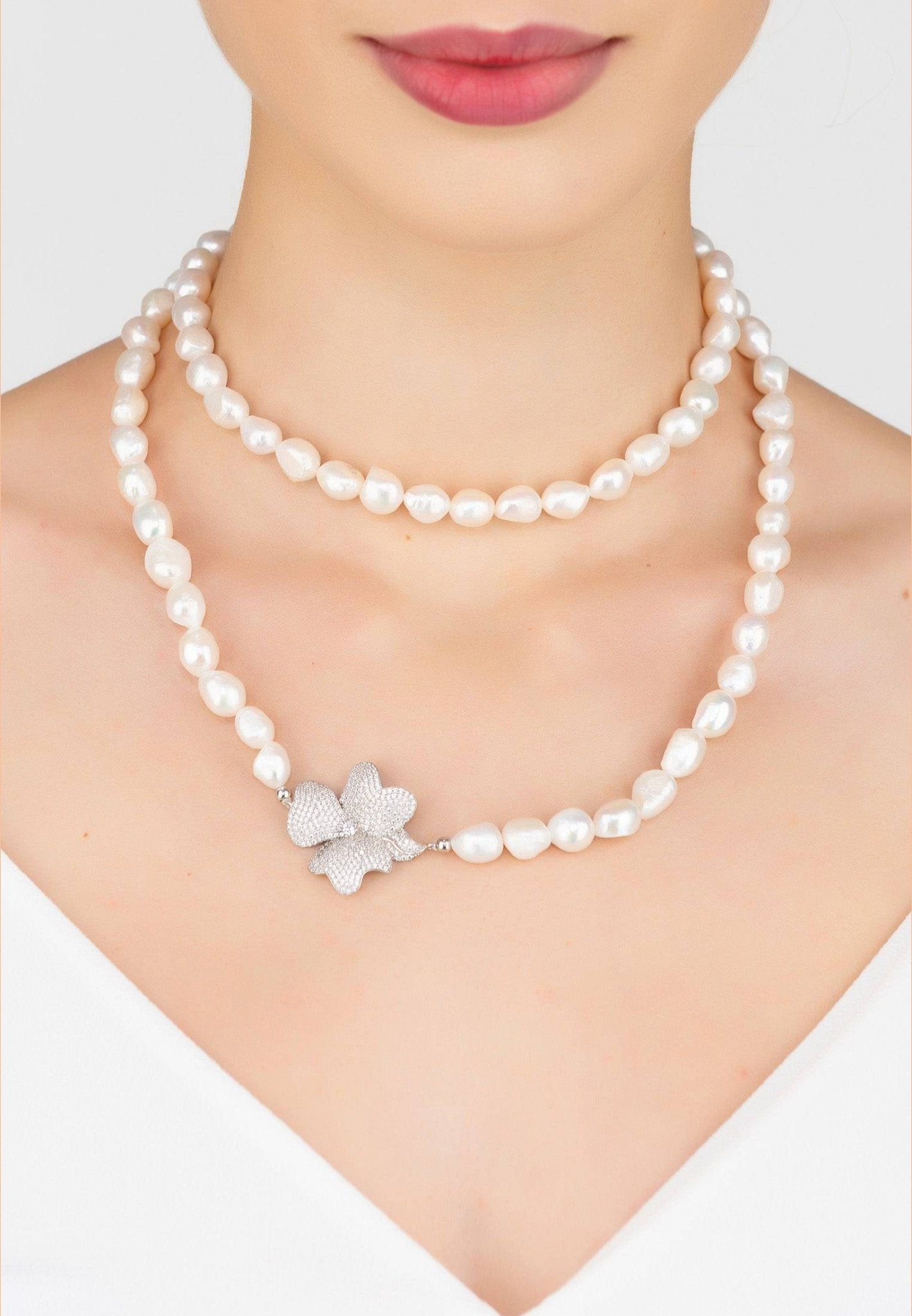 Flower Pearl Gemstone Long Necklace White Cz Silver - LATELITA Necklaces