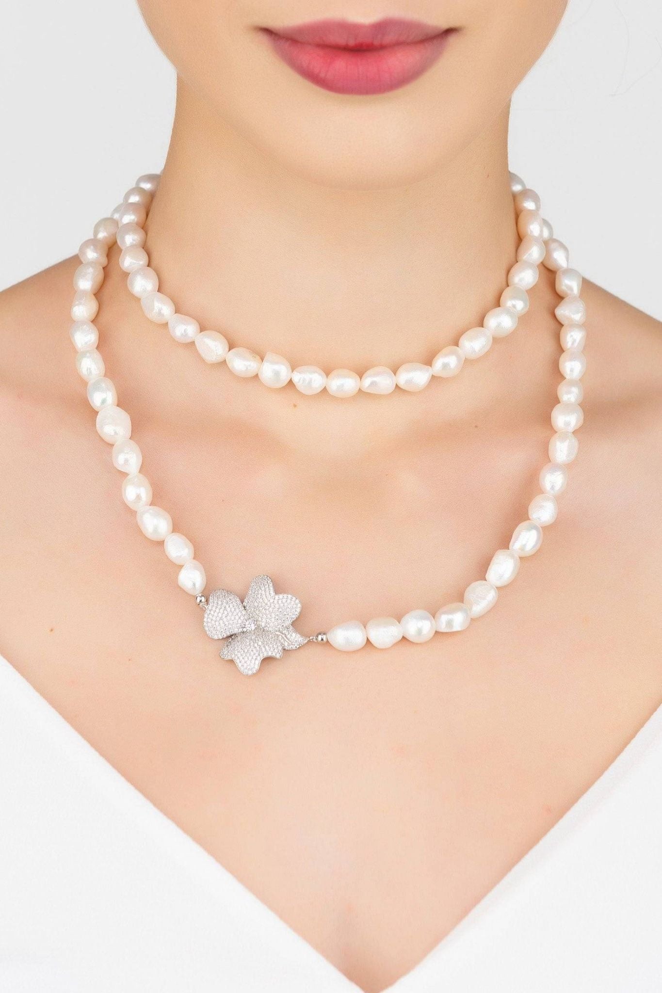 Flower Pearl Gemstone Long Necklace White Cz Silver - LATELITA Necklaces