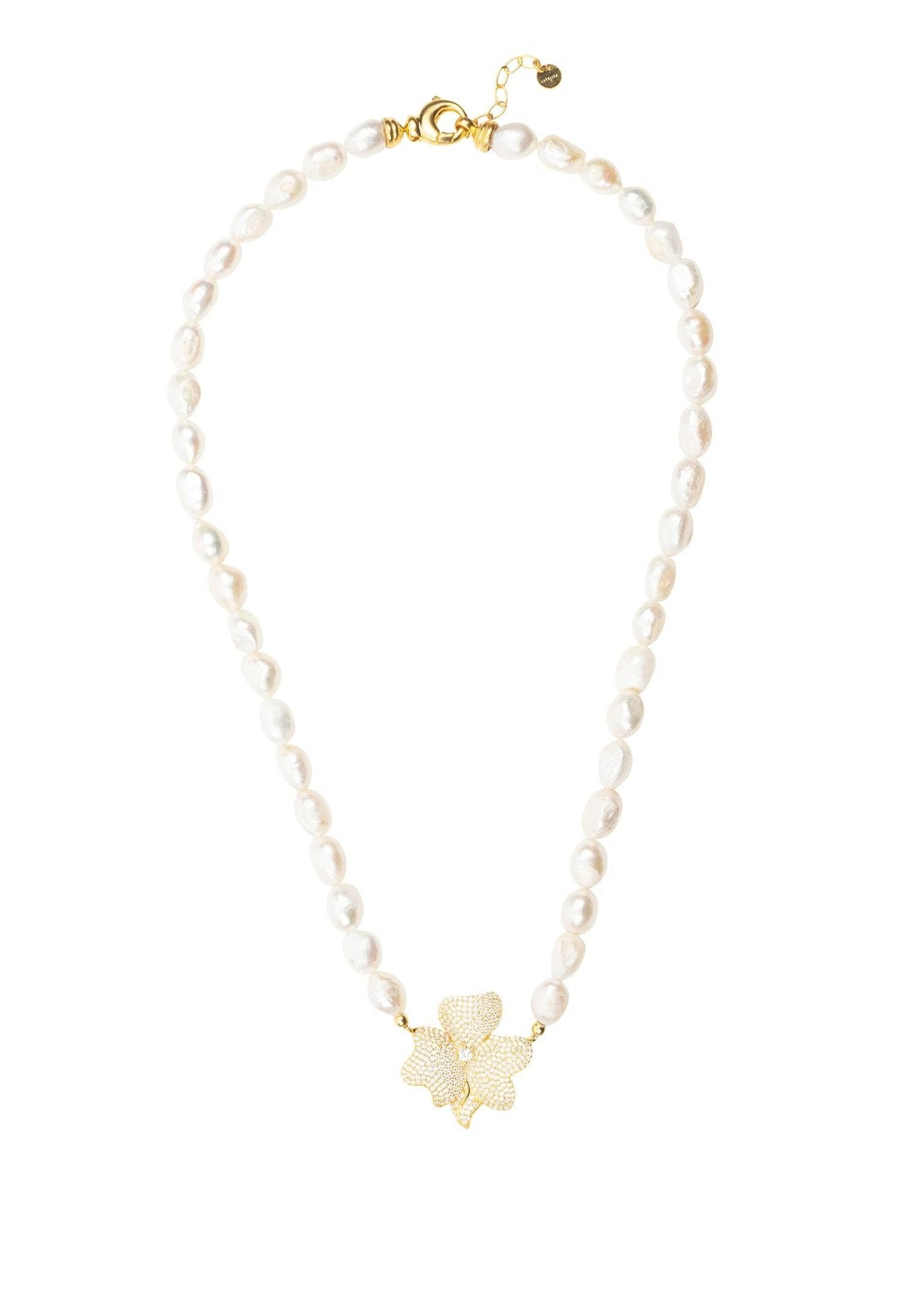 Flower Pearl Mid Length Necklace White Cz Gold - LATELITA Necklaces