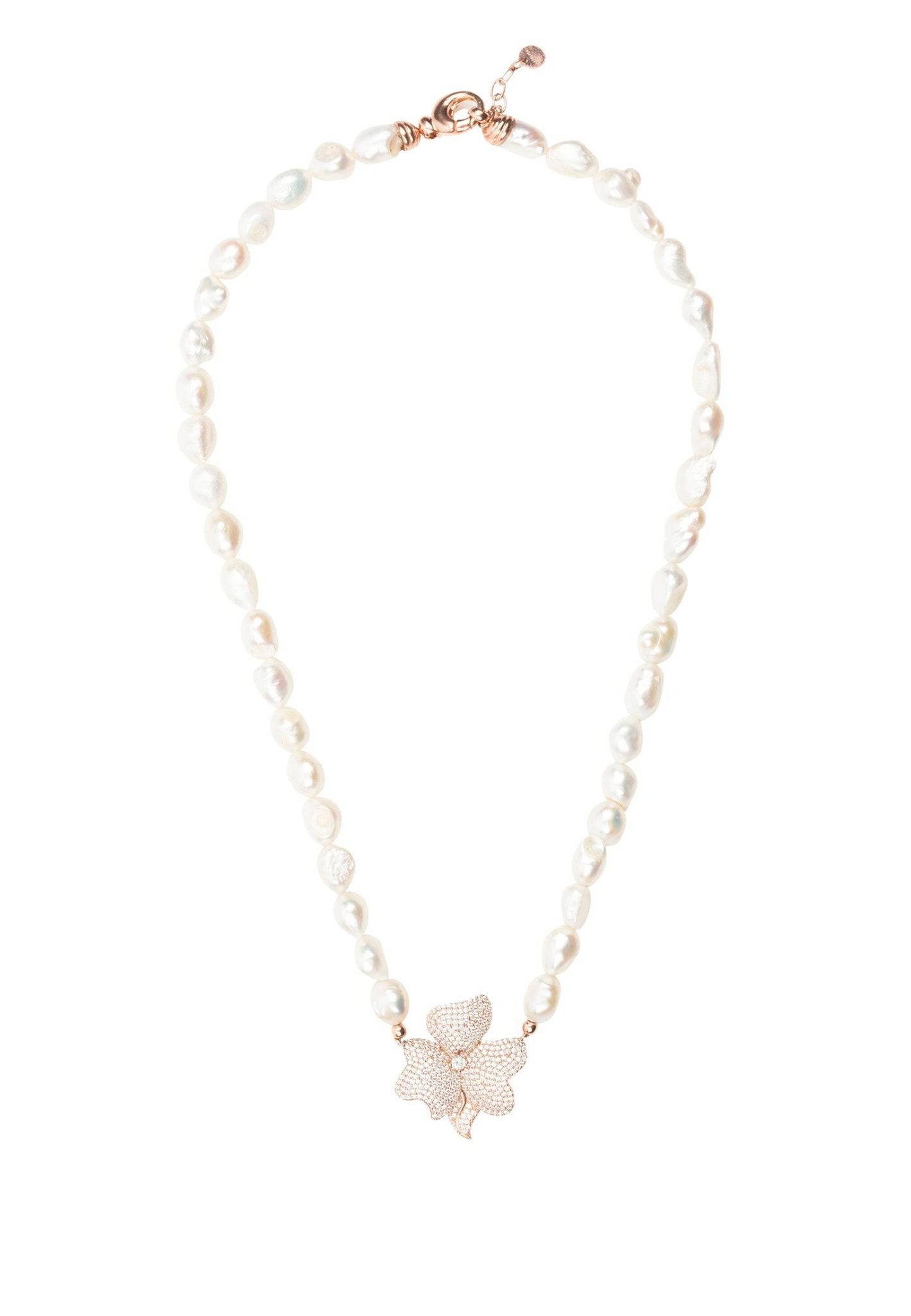 Flower Pearl Mid Length Necklace White Cz Rosegold - LATELITA Necklaces