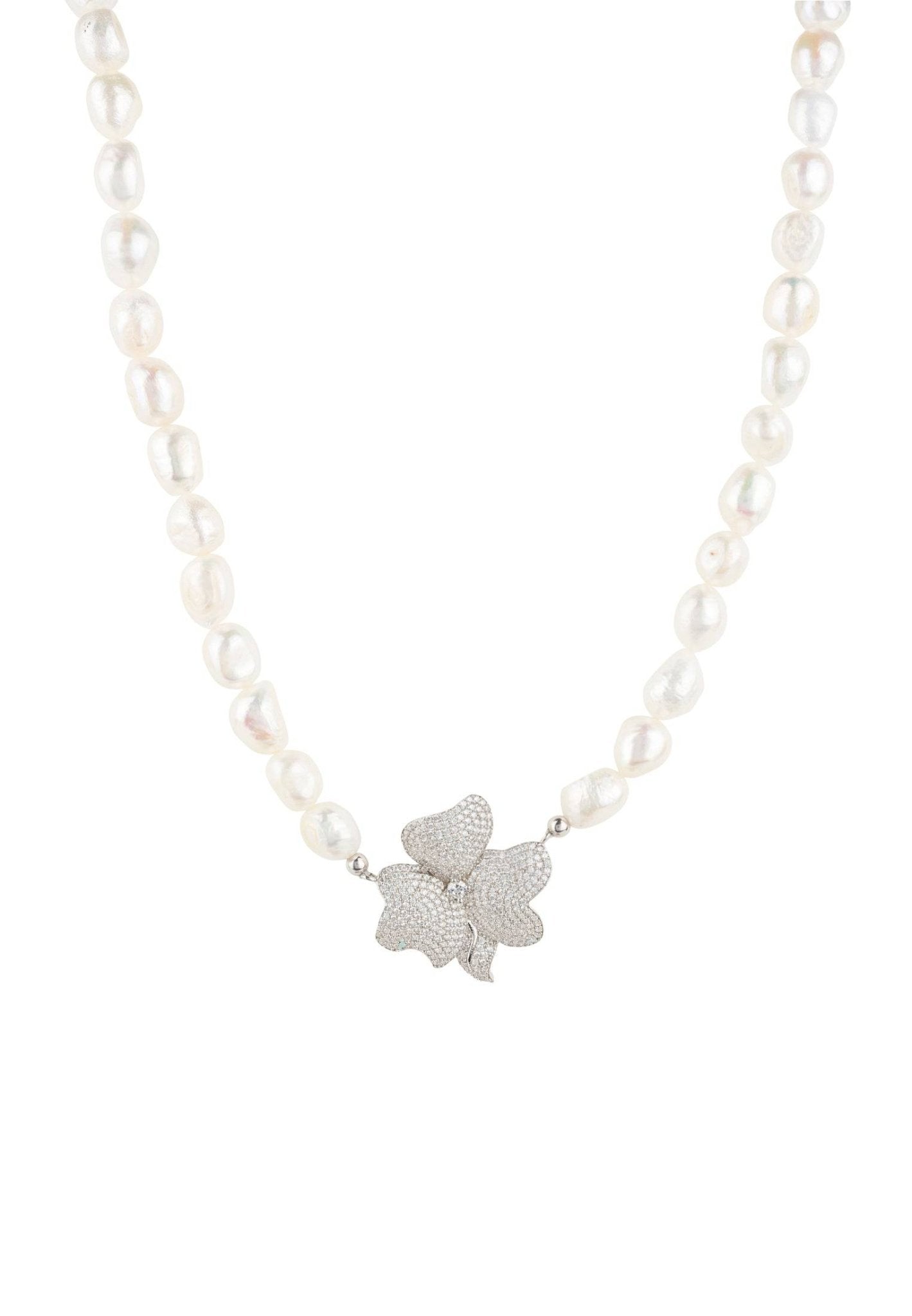 Flower Pearl Mid Length Necklace White Cz Silver - LATELITA Necklaces
