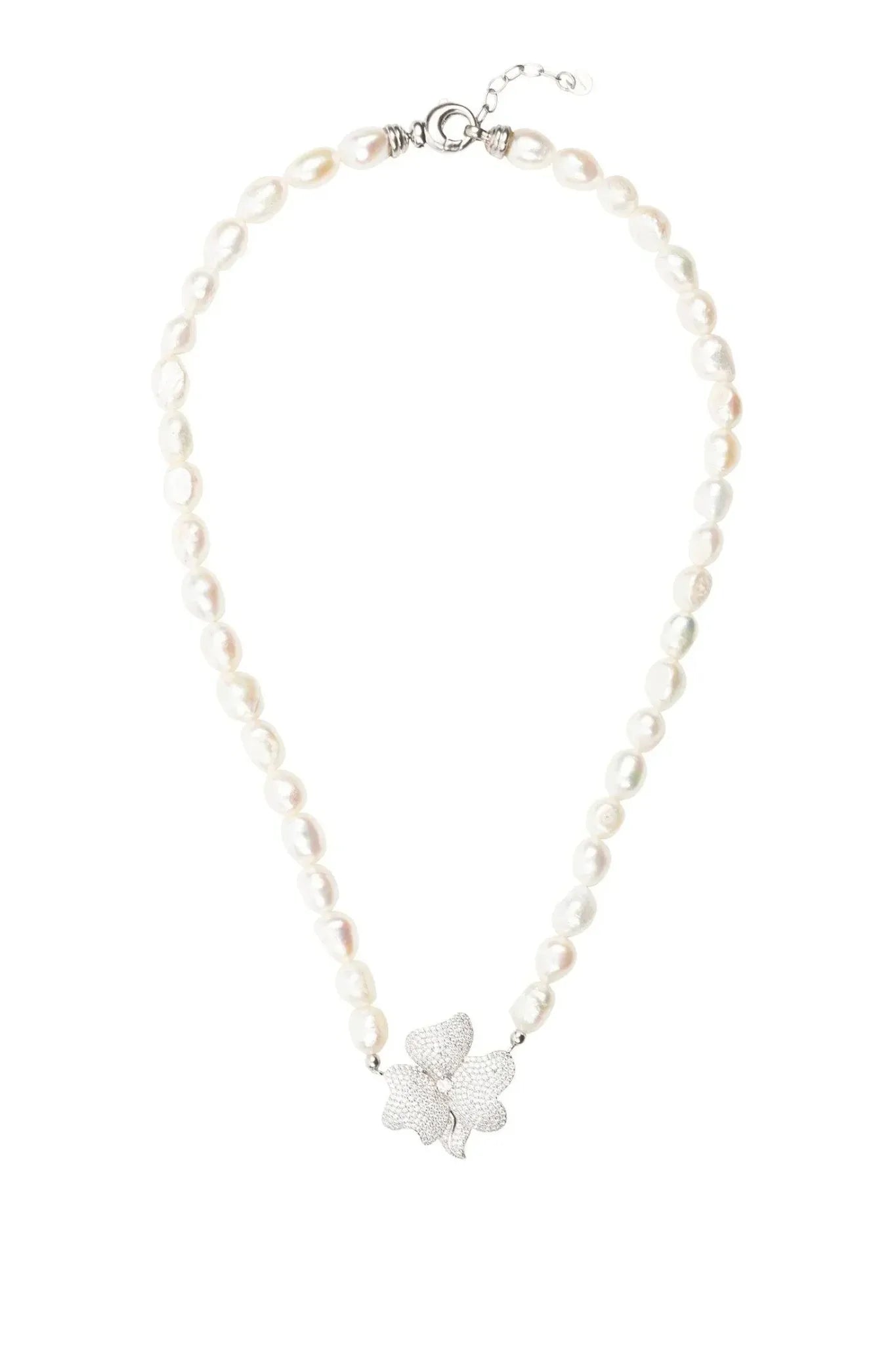 Flower Pearl Mid Length Necklace White Cz Silver - LATELITA Necklaces