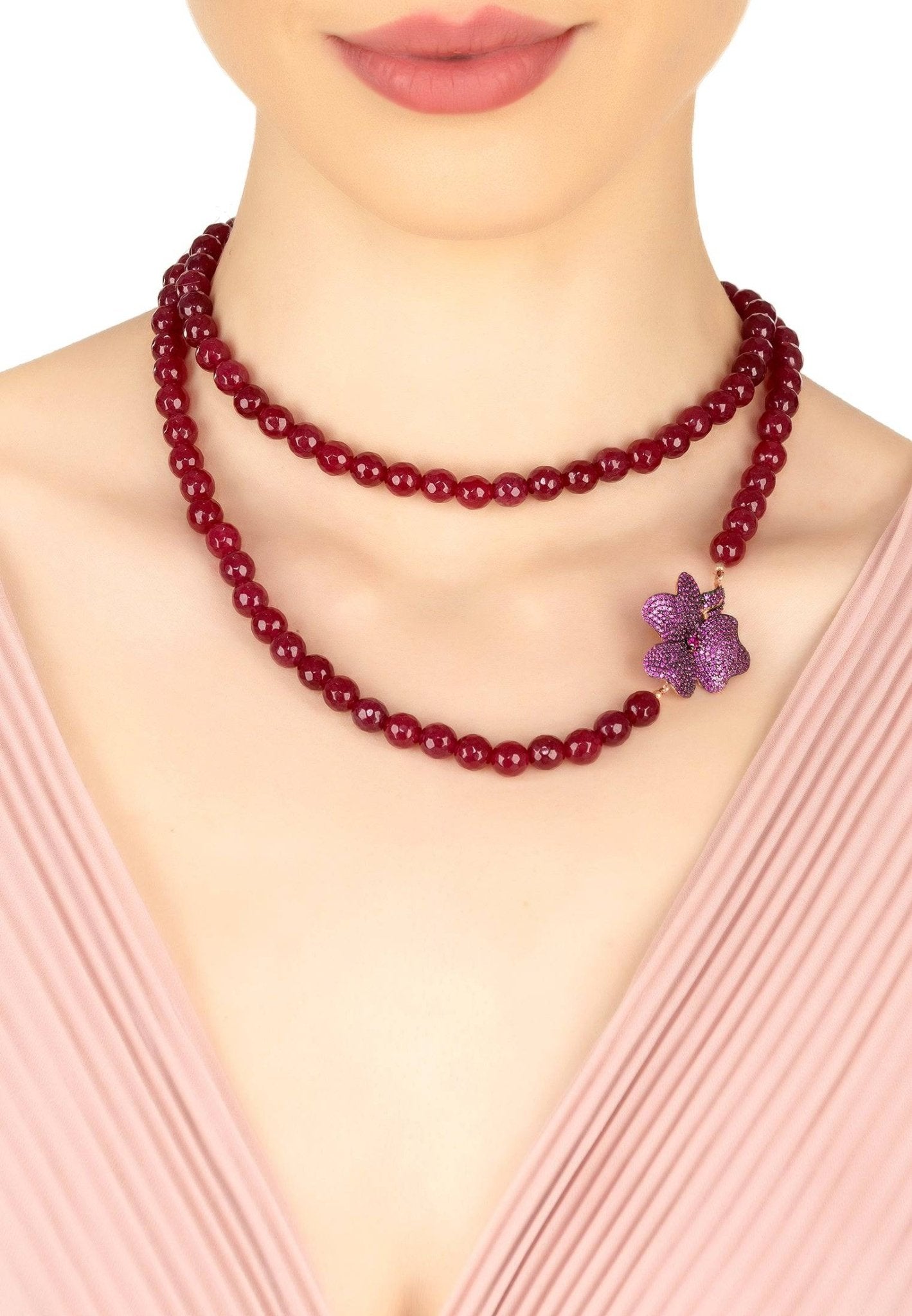 Flower Ruby Gemstone Long Necklace Rosegold - LATELITA Necklaces