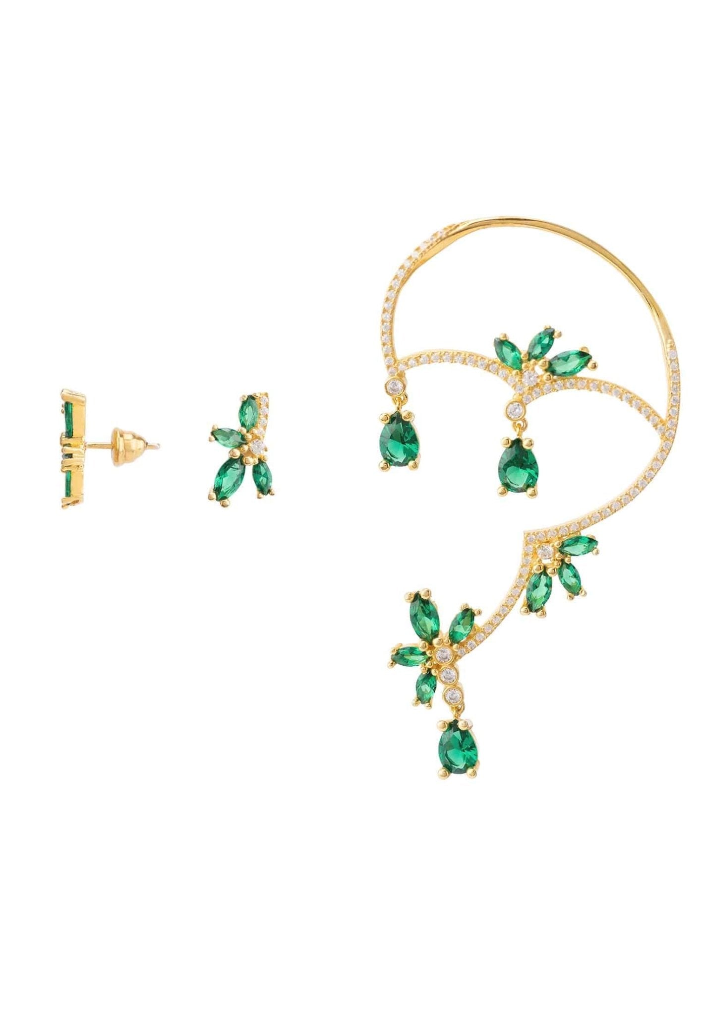 Flowers Asymmetrical Earclimber & Stud Green Cz - LATELITA Earrings