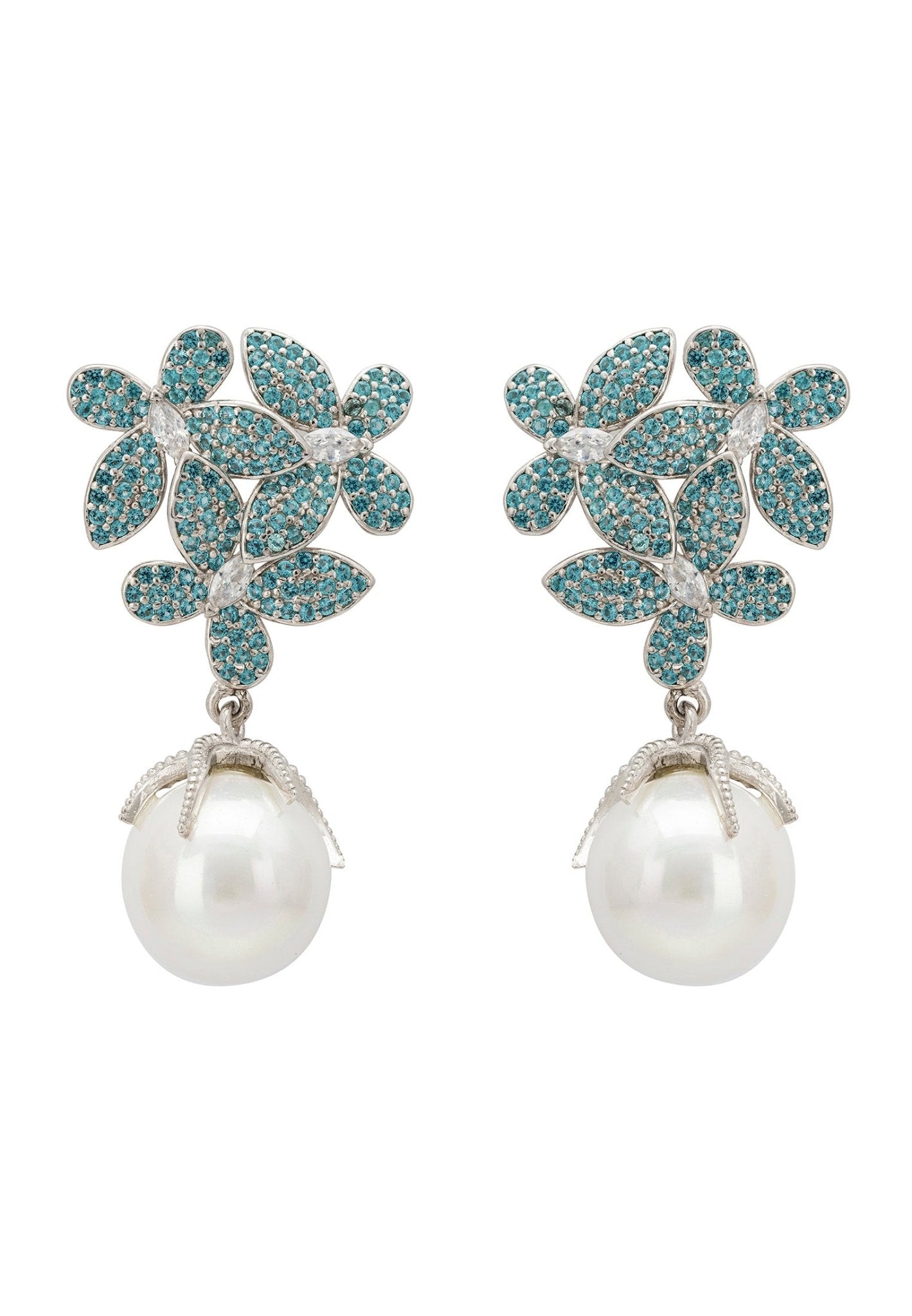 Flowers Baroque Pearl Earrings Aqua Blue Silver - LATELITA Earrings