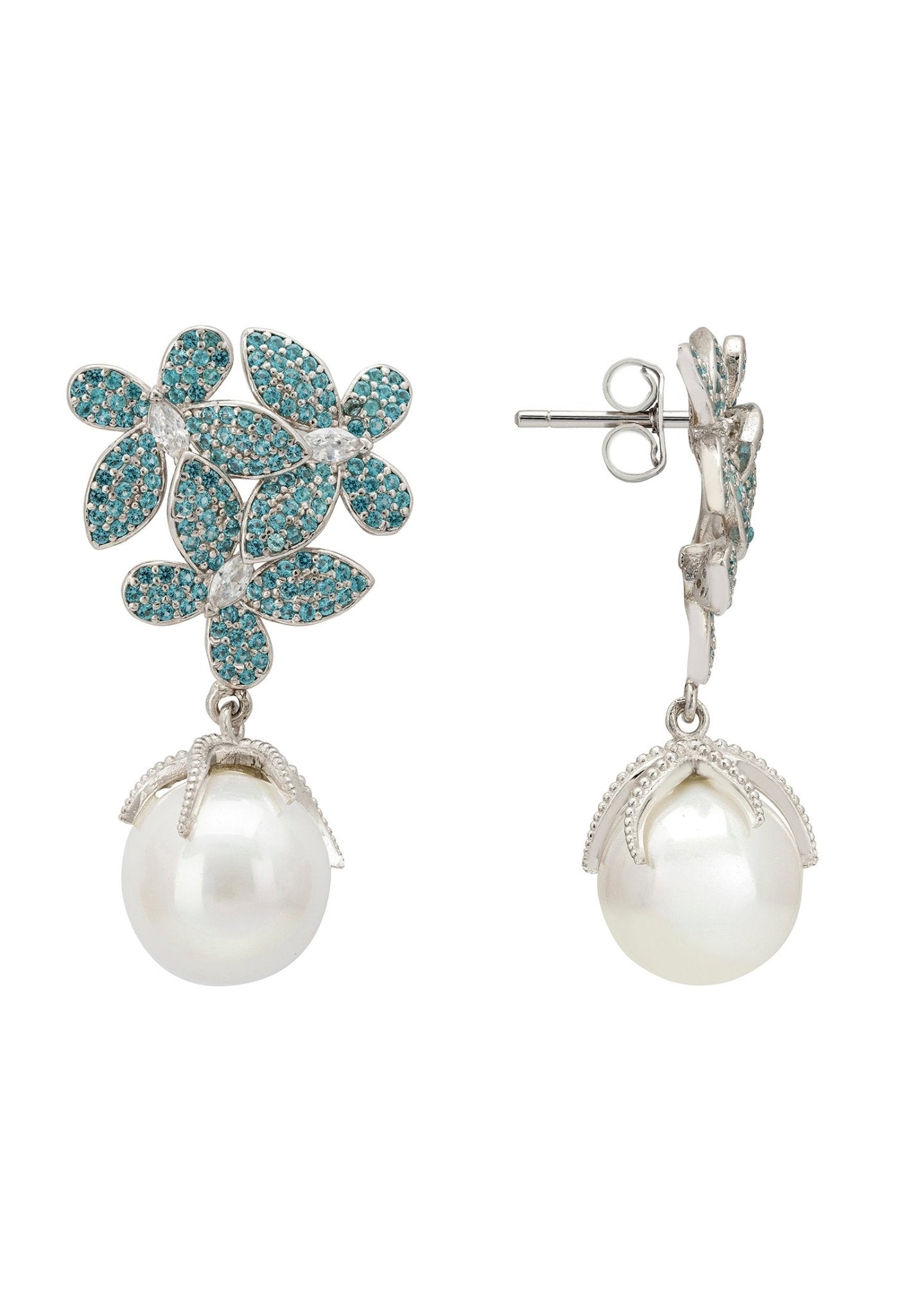 Flowers Baroque Pearl Earrings Aqua Blue Silver - LATELITA Earrings