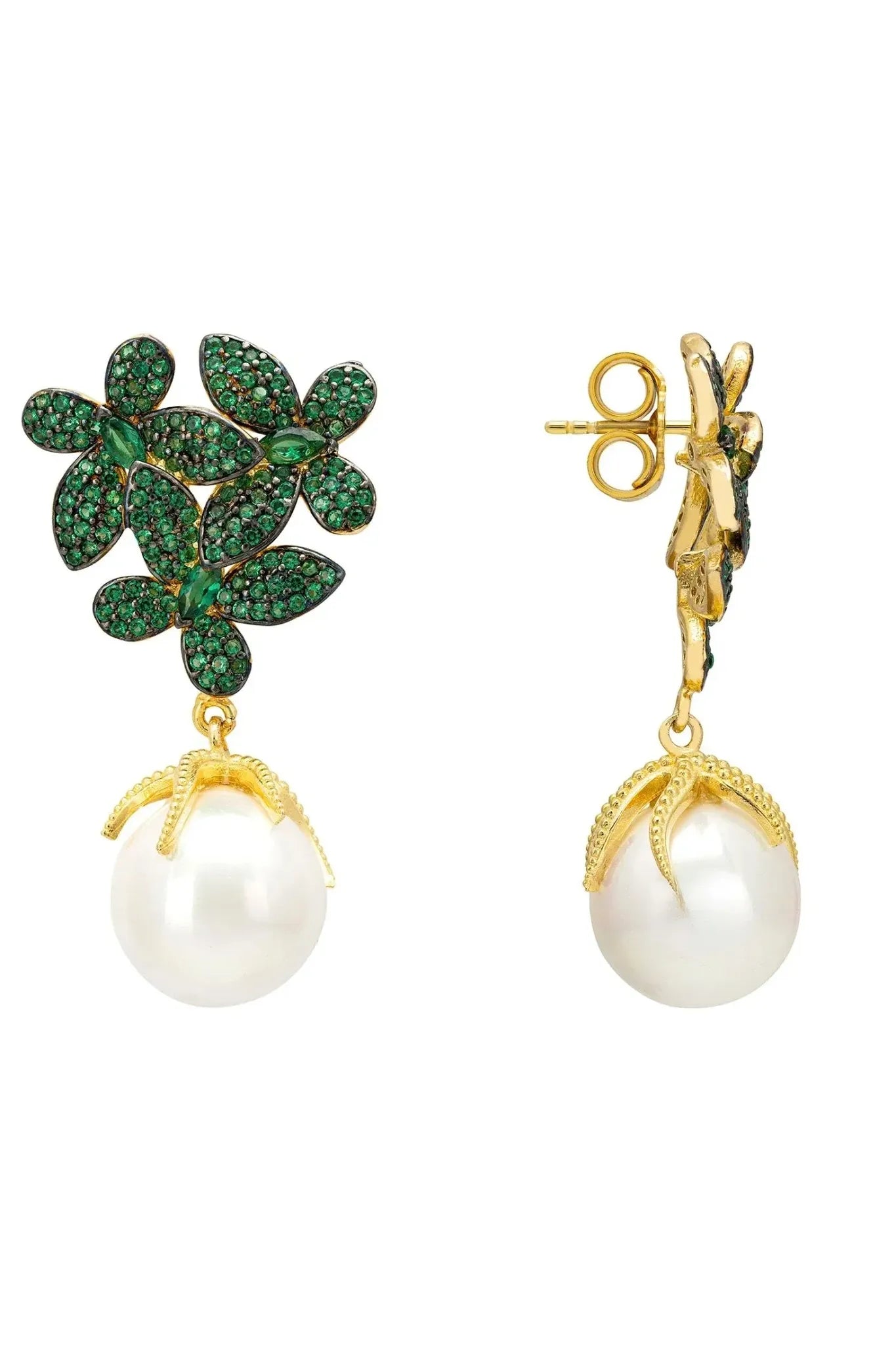 Flowers Baroque Pearl Earrings Emerald Green Gold - LATELITA Earrings