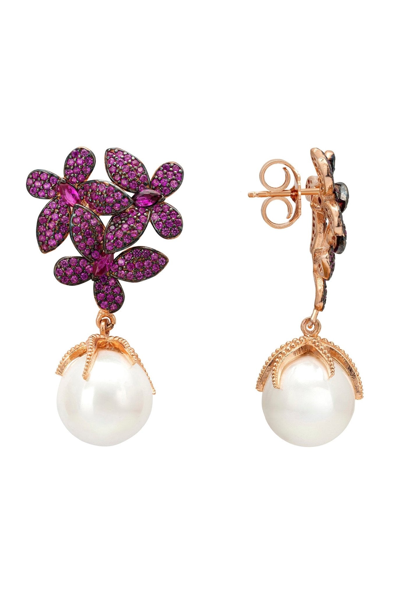 Flowers Baroque Pearl Earrings Ruby Pink Rosegold - LATELITA Earrings