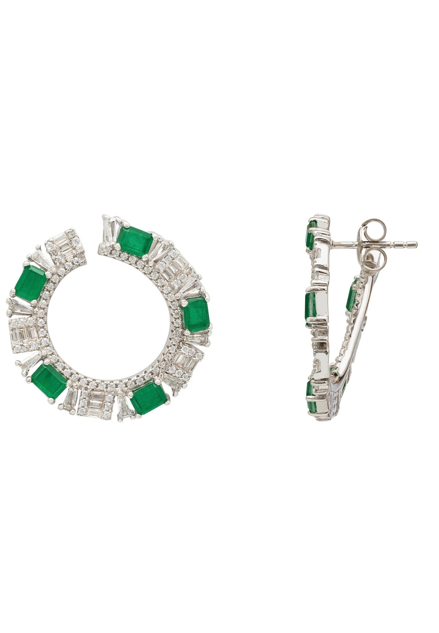 Freya Baguette Hoop Earrings Silver Emerald - LATELITA Earrings