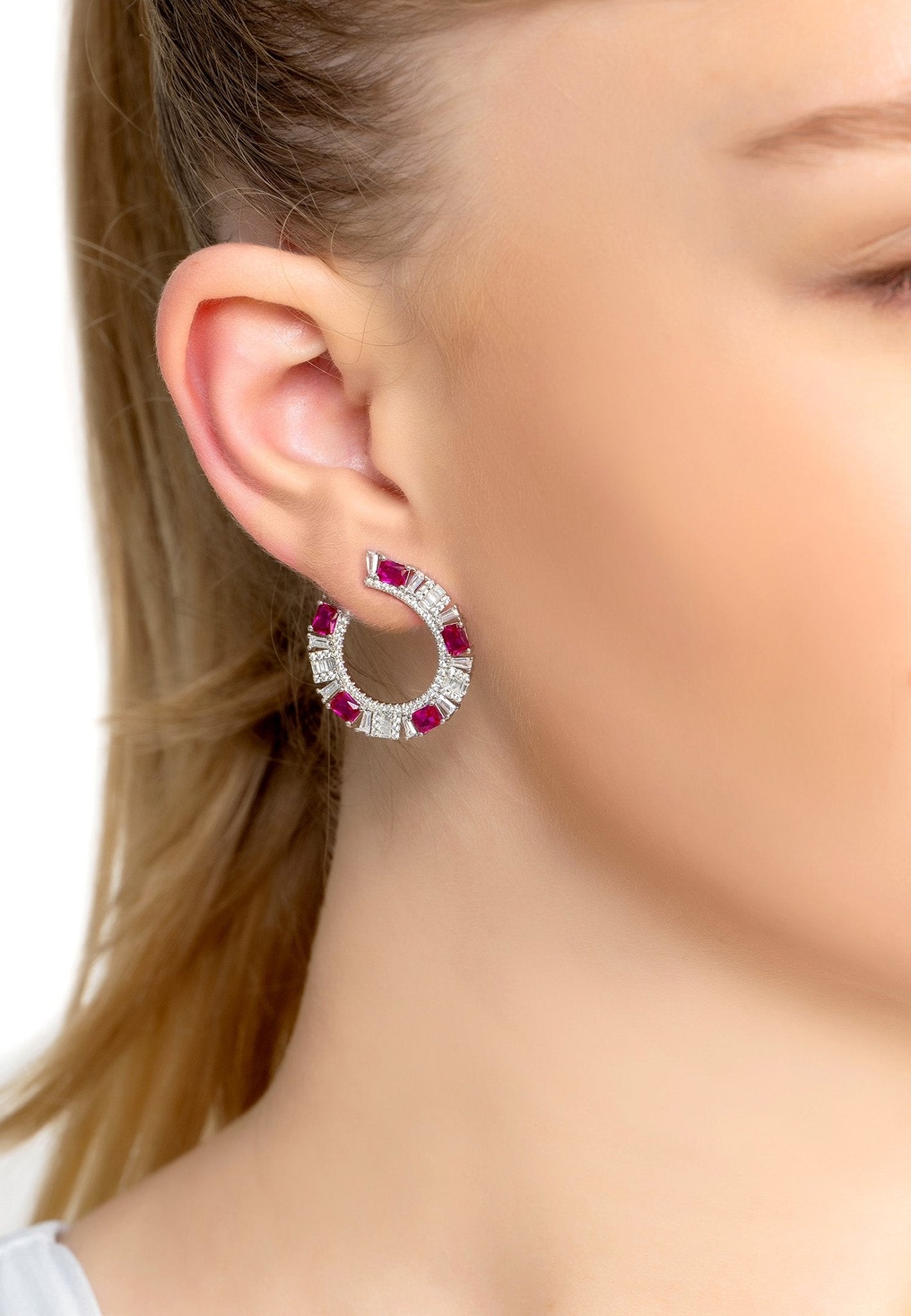 Freya Baguette Hoop Earrings Silver Ruby - LATELITA Earrings