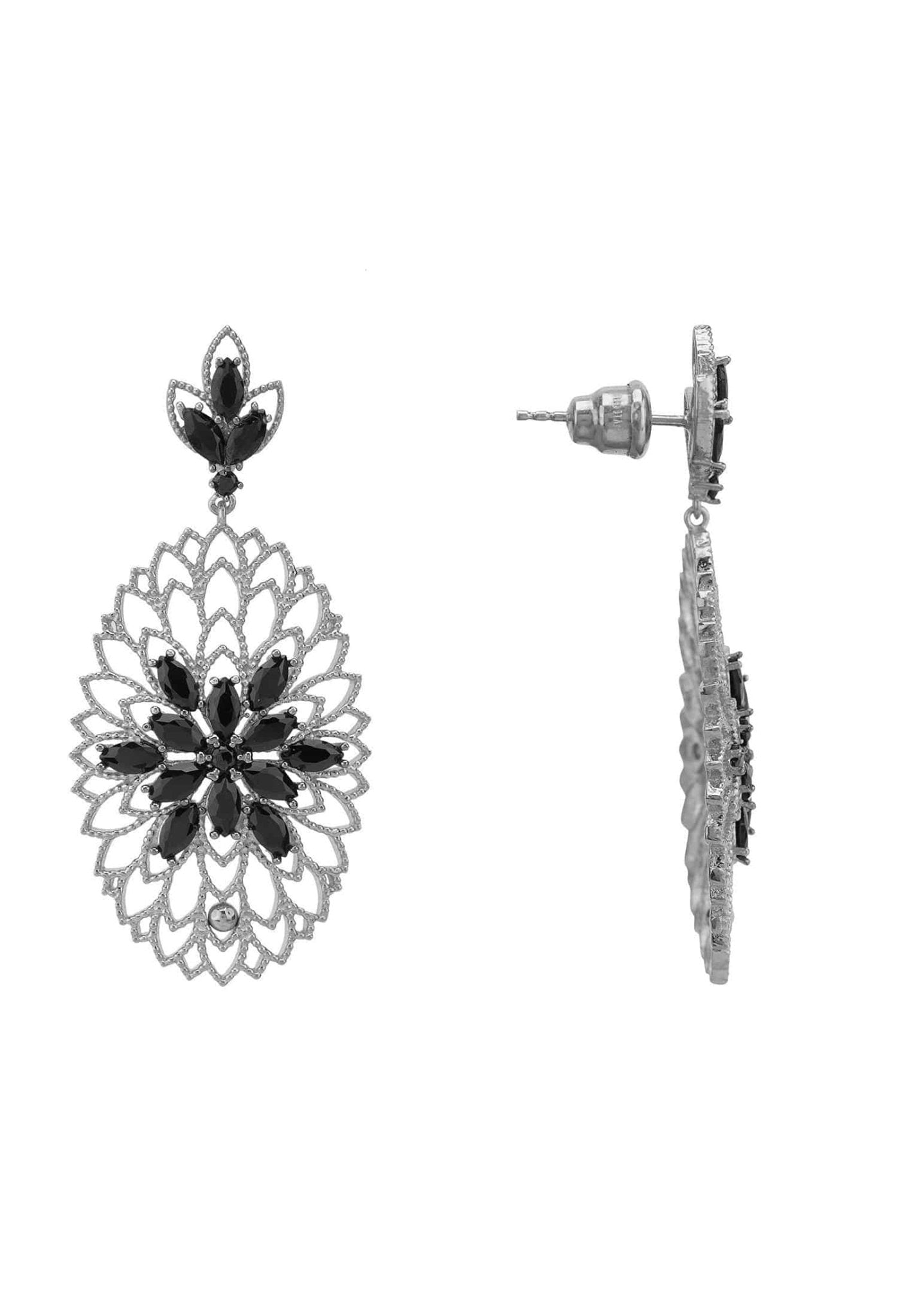 Full Bloom Flower Earrings Black Silver Oxidised - LATELITA Earrings