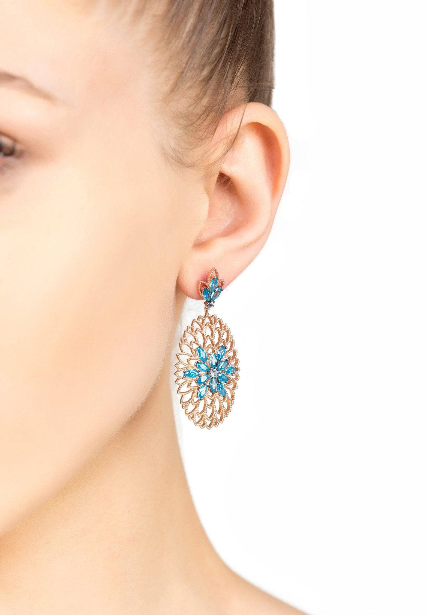 Full Bloom Flower Earrings Blue Rosegold - LATELITA Earrings
