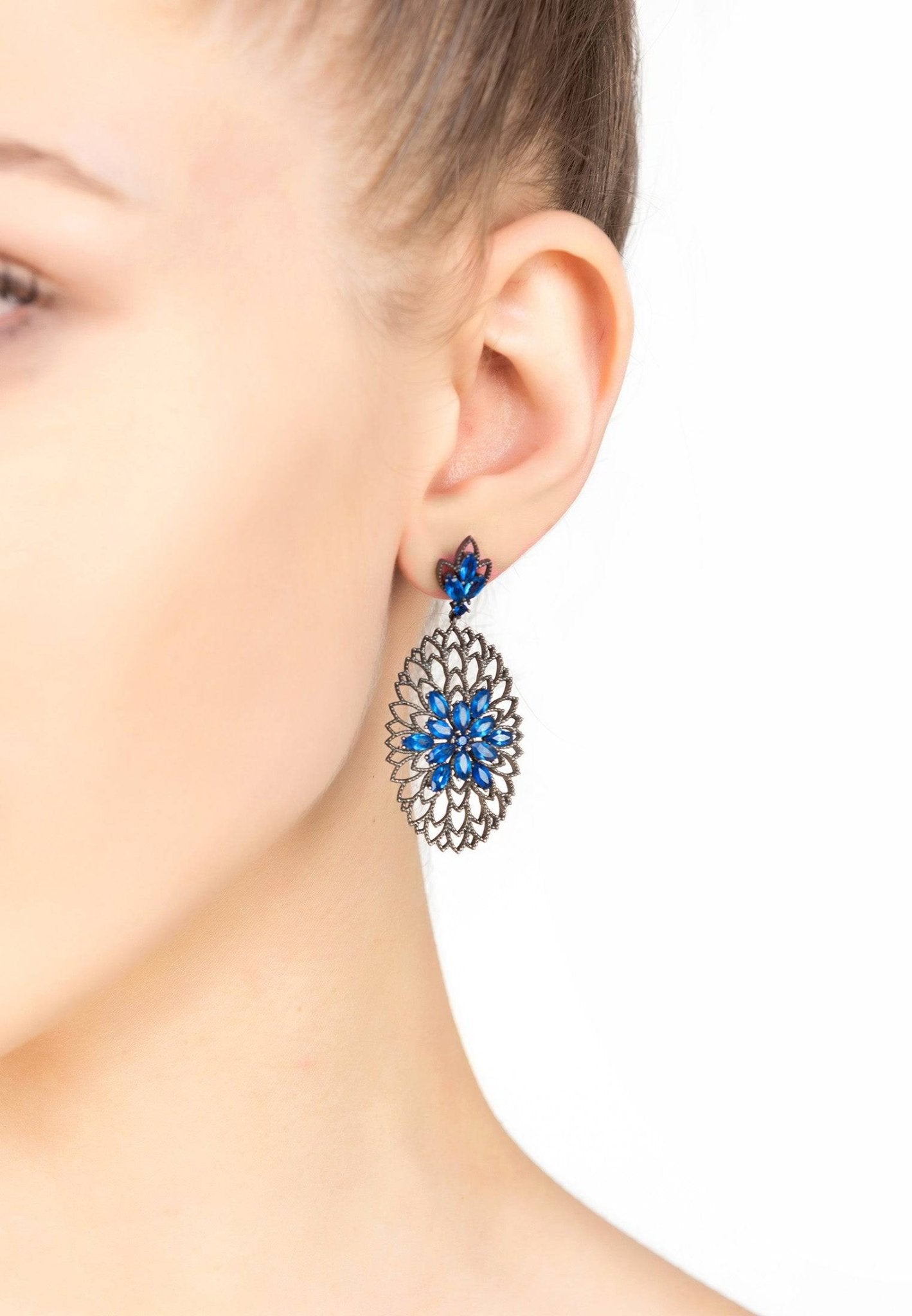 Full Bloom Flower Earrings Blue Silver - LATELITA Earrings