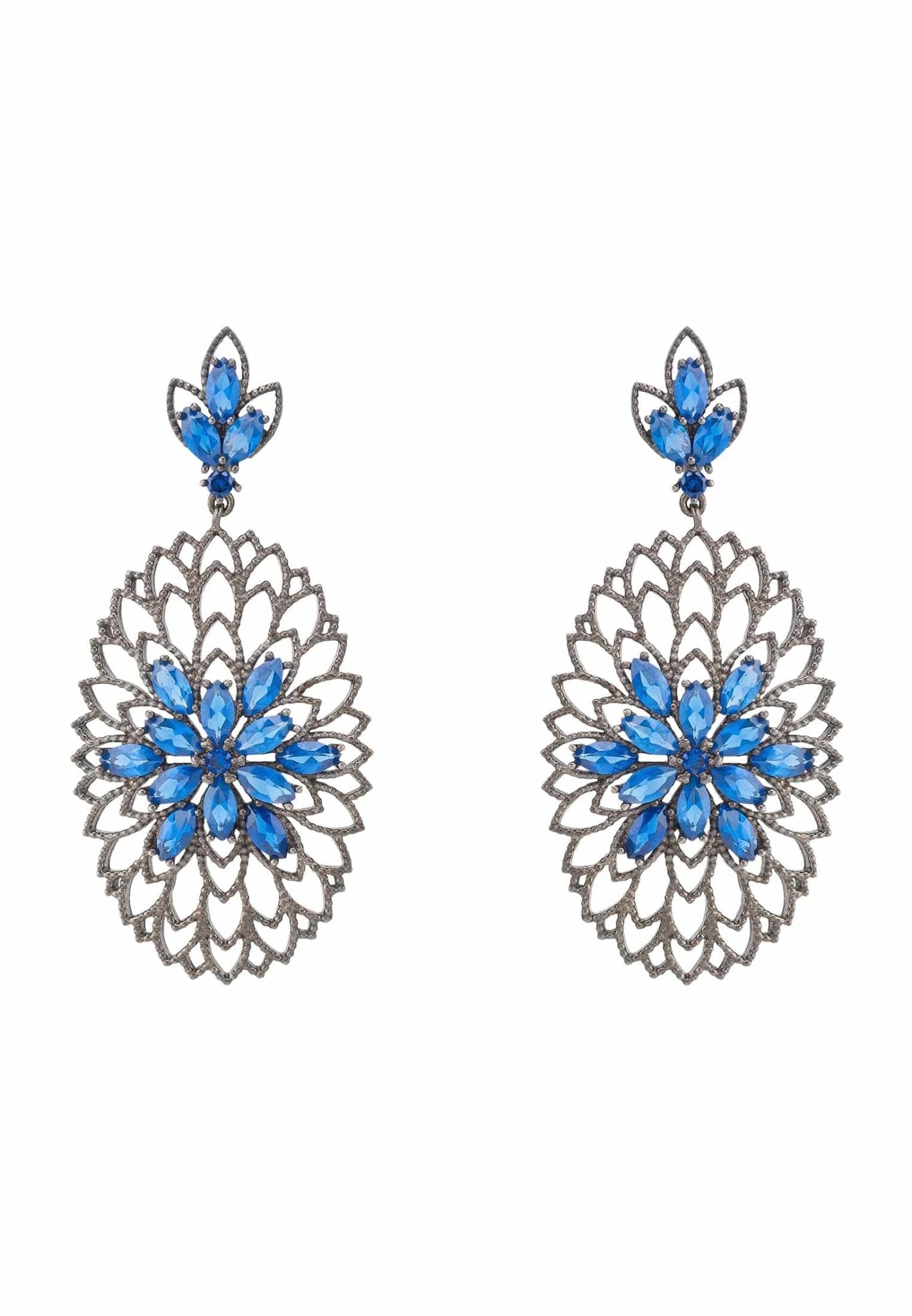 Full Bloom Flower Earrings Blue Silver Oxidised - LATELITA Earrings