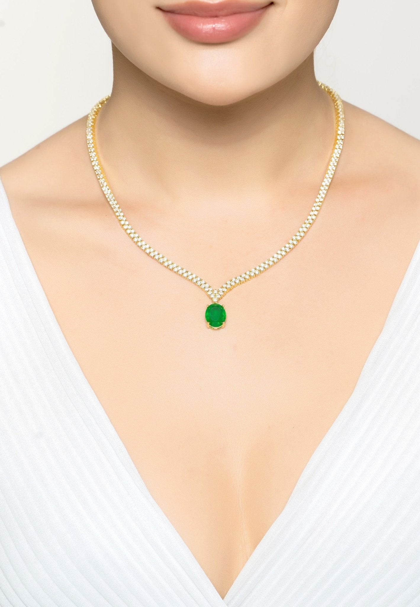 Garbo Oval Gemstone Tennis Necklace Emerald Gold - LATELITA Necklaces