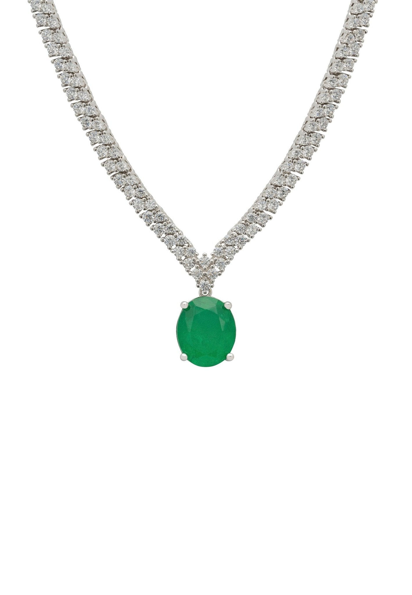 Garbo Oval Gemstone Tennis Necklace Emerald Silver - LATELITA Necklaces
