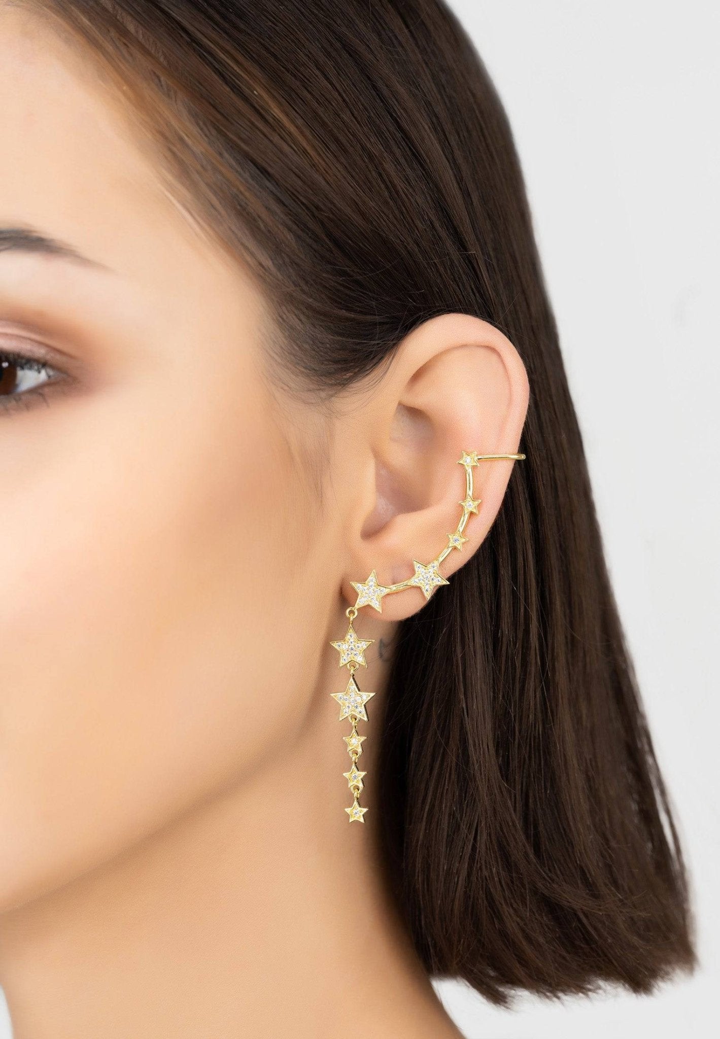 Graduated Star Ear Climbers With Drop Gold - LATELITA Earrings