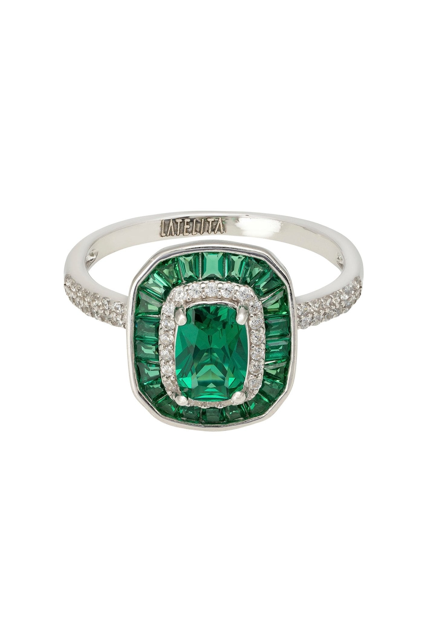 Great Gatsby Cocktail Ring Emerald Silver - LATELITA Rings