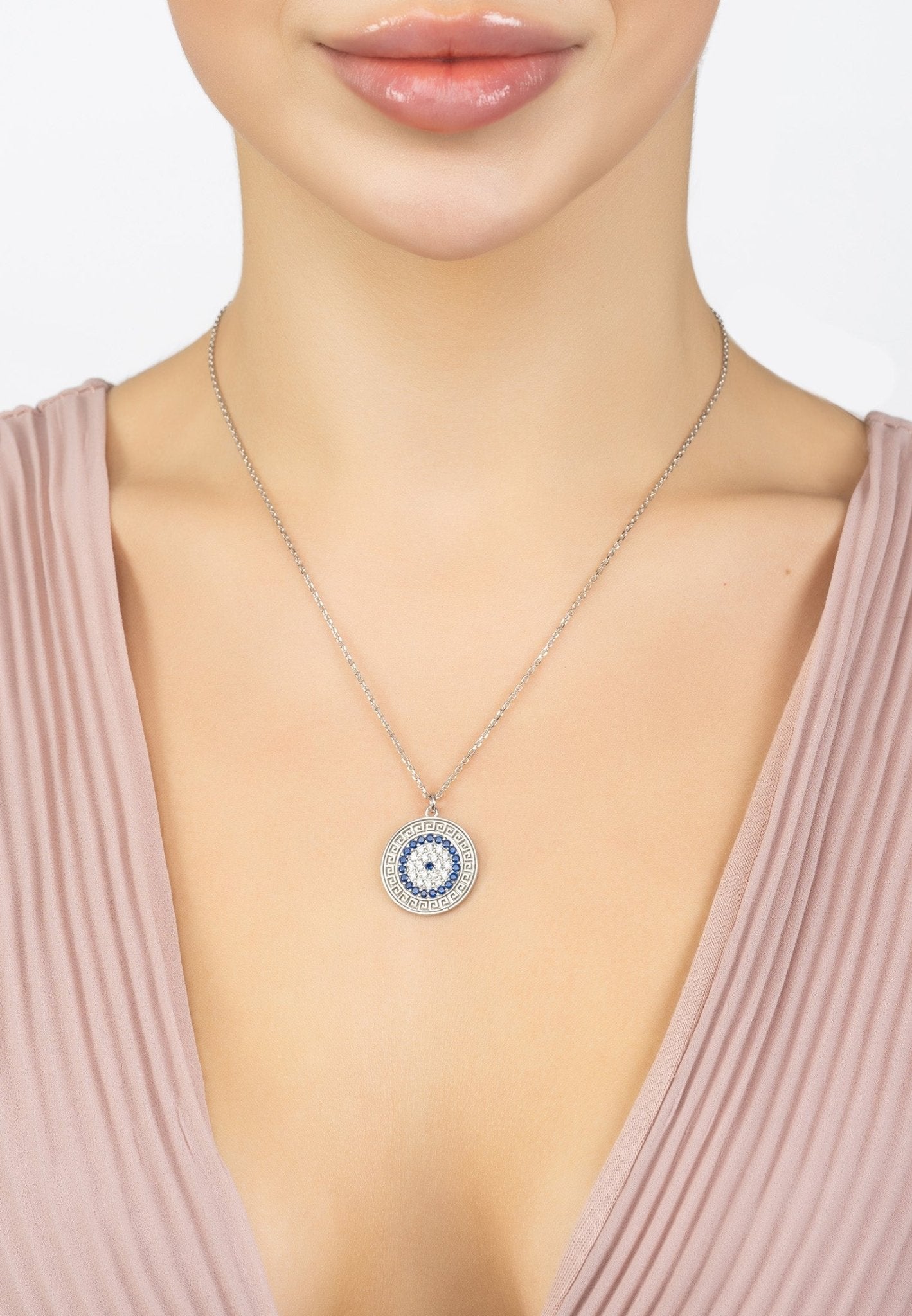 Greek Evil Eye Disc Pendant Necklace Silver - LATELITA Necklaces