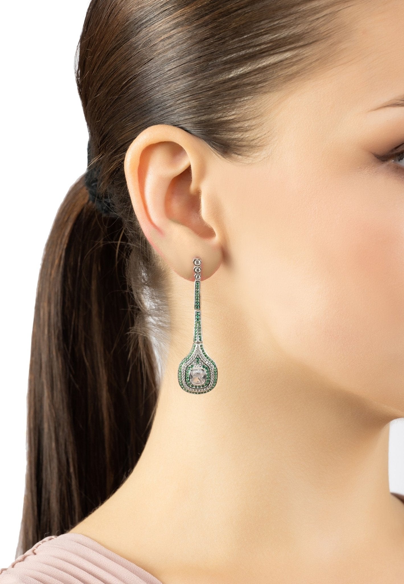 Hampton Long Drop Emerald Green Cz Earrings Silver - LATELITA