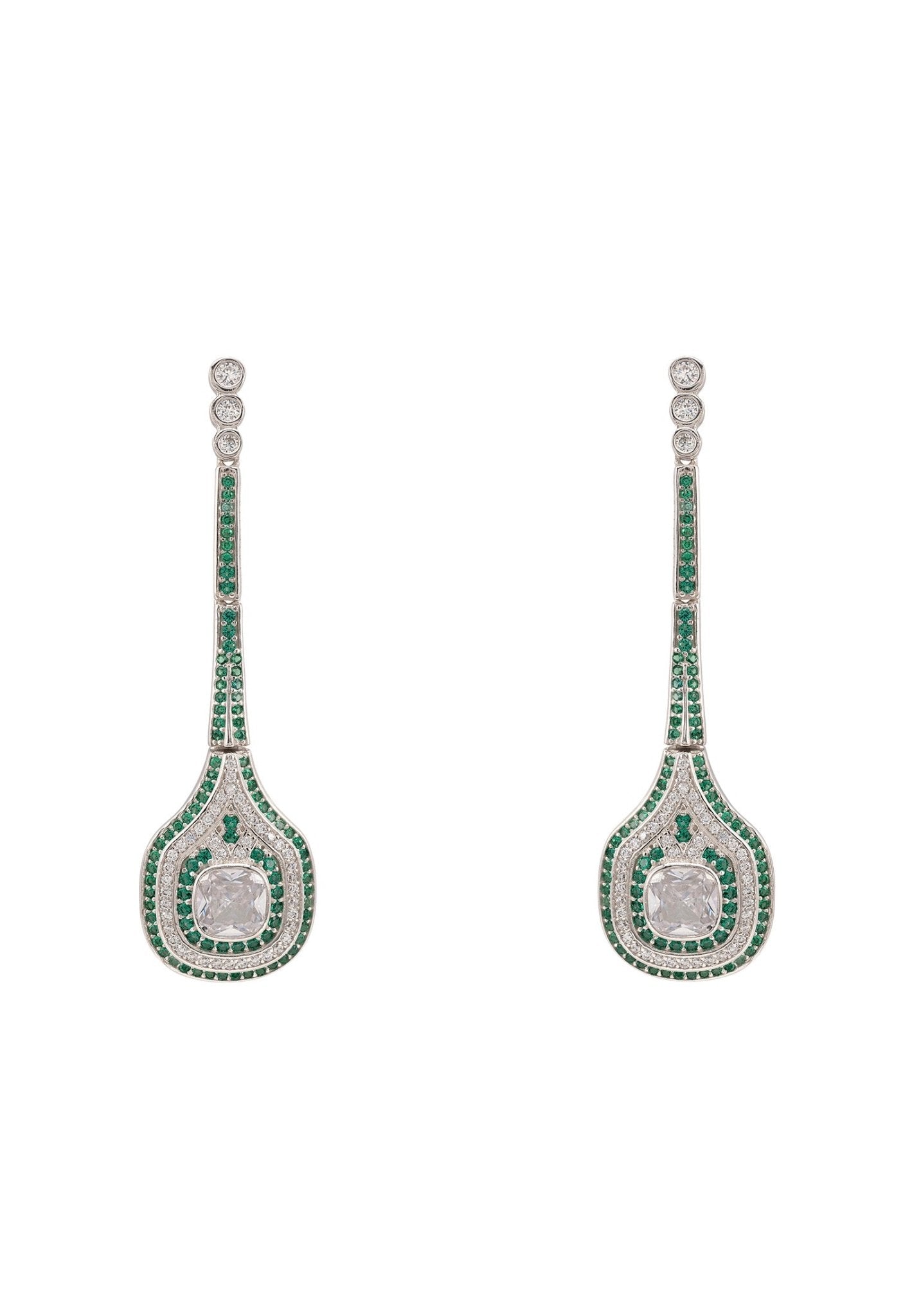 Hampton Long Drop Emerald Green Cz Earrings Silver - LATELITA