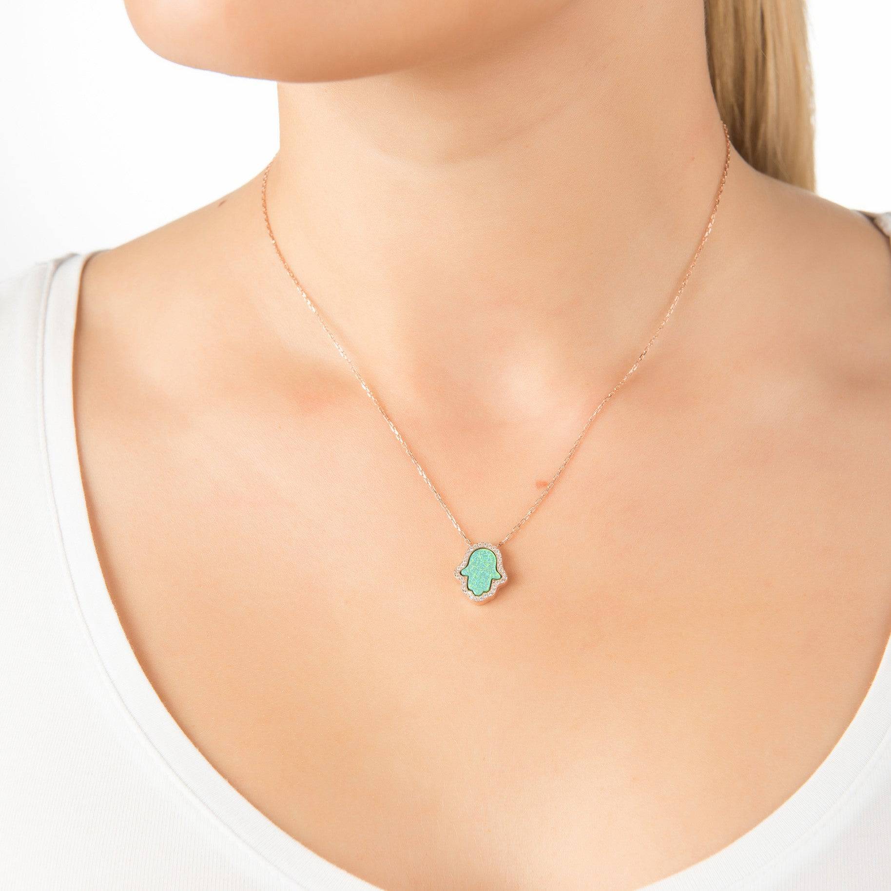 Hamsa Green Opalite Necklace Rosegold - LATELITA Necklaces