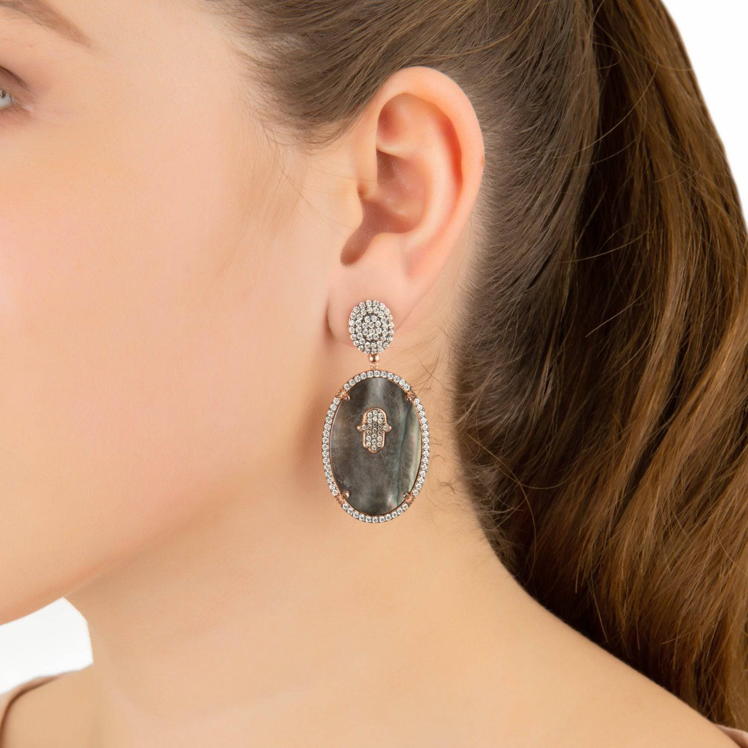 Hamsa Grey Mother Of Pearl Oval Earrings - LATELITA Earrings