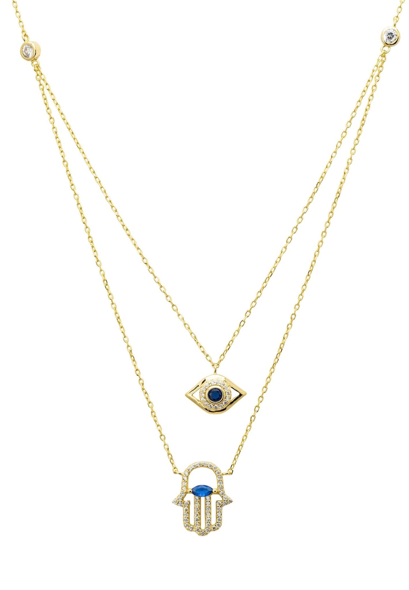 Hamsa Hand And Evil Eye Layered Necklace Gold - LATELITA Necklaces