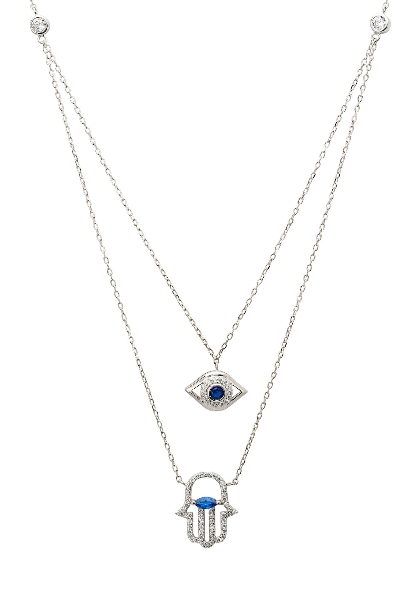Hamsa Hand And Evil Eye Layered Necklace Silver - LATELITA Necklaces