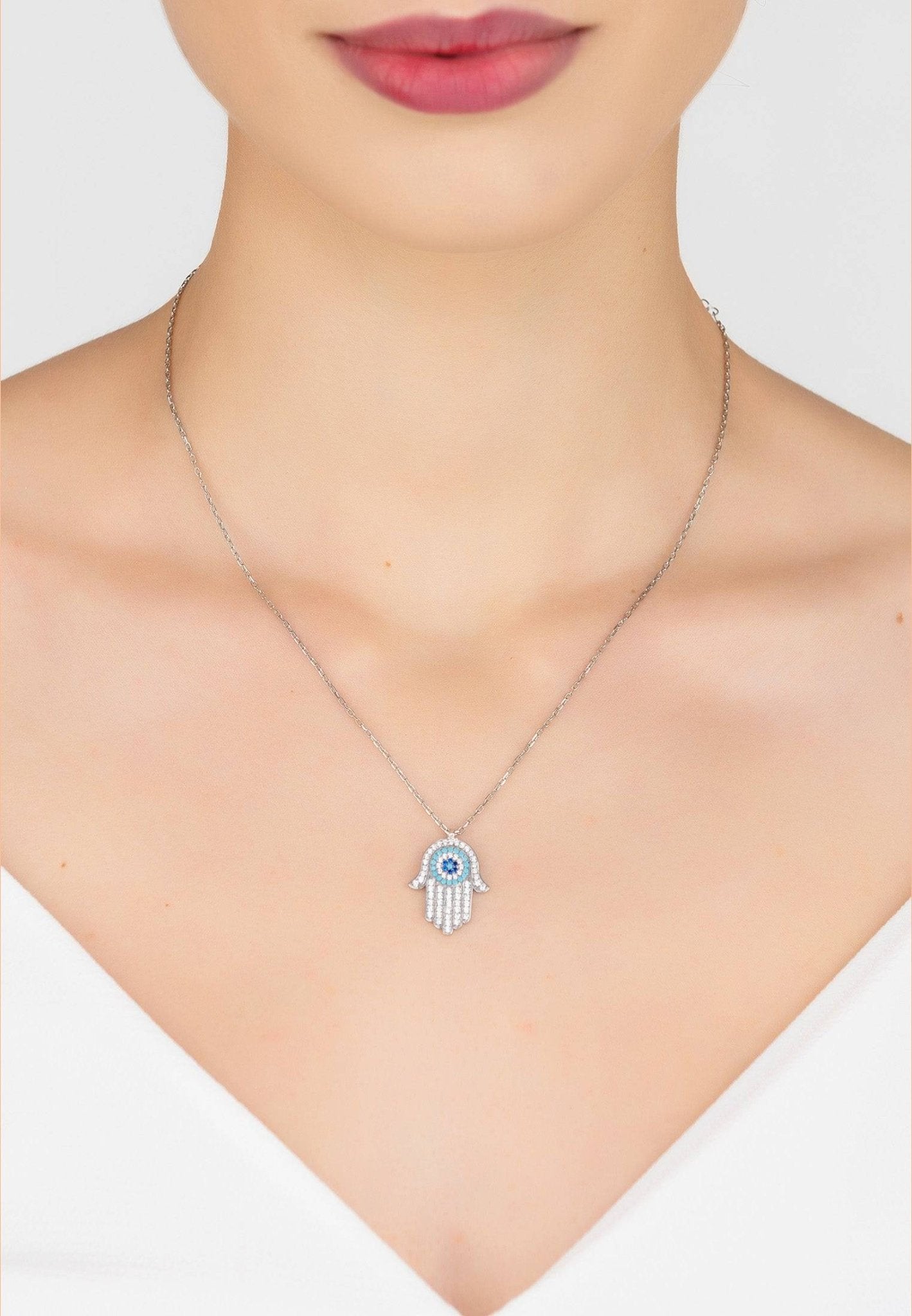Hamsa Hand With Evil Eye Pendant Necklace Turquoise Silver - LATELITA Necklaces