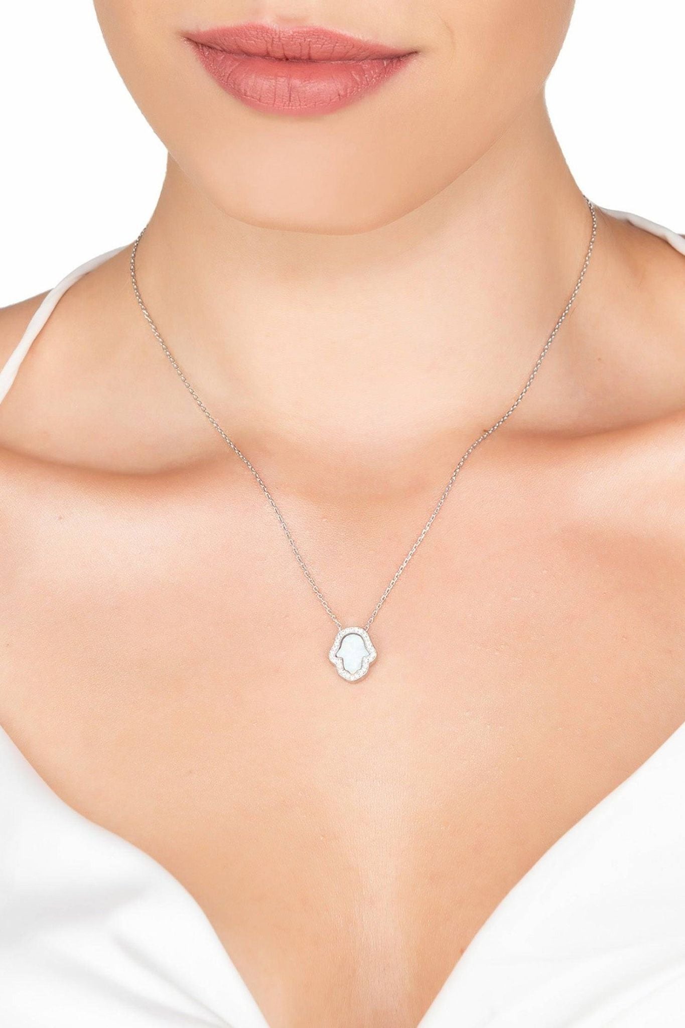 Hamsa Opalite Necklace White Silver - LATELITA Necklaces