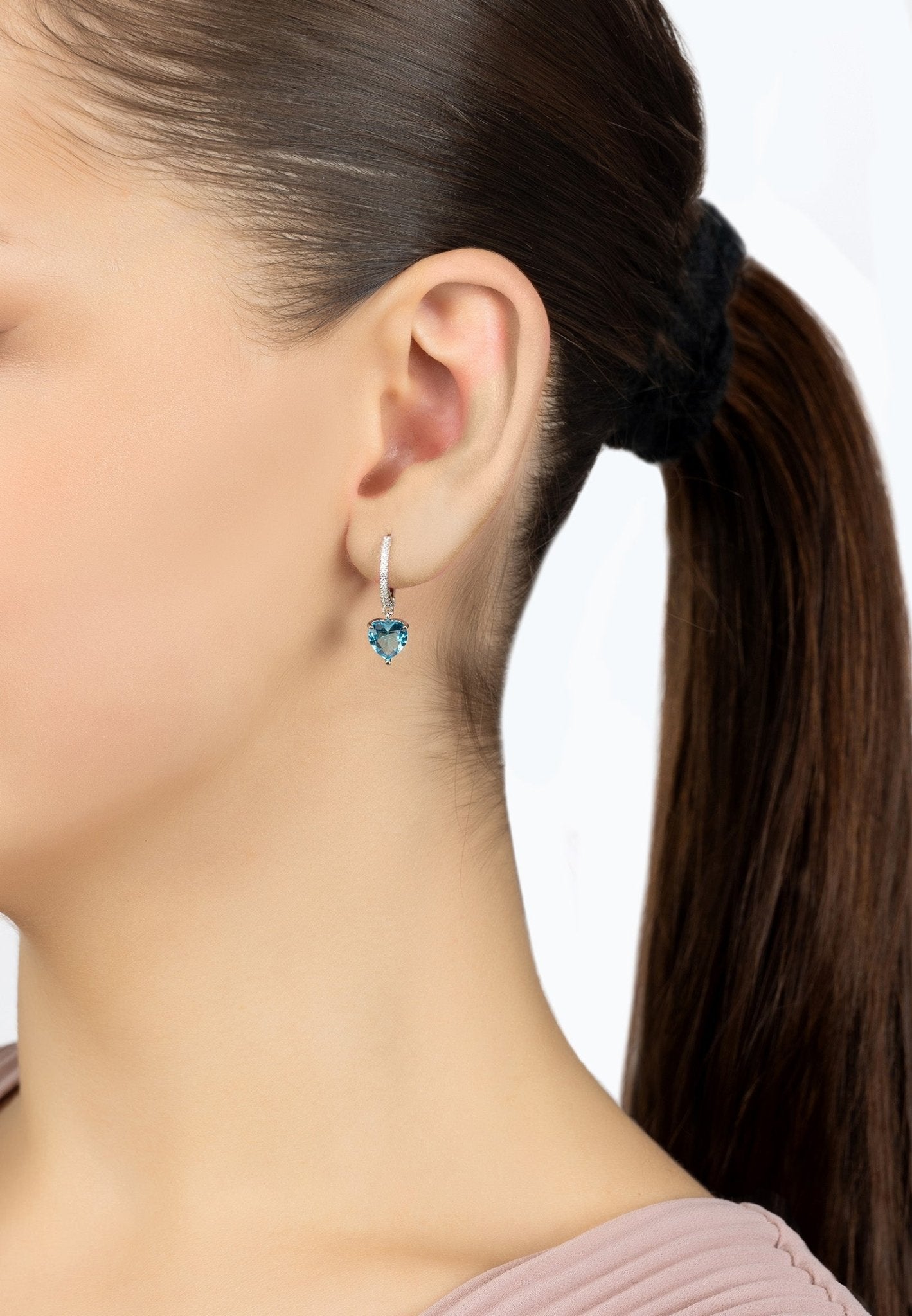 Heart Huggie Hoop Earrings Silver Blue Topaz - LATELITA Earrings