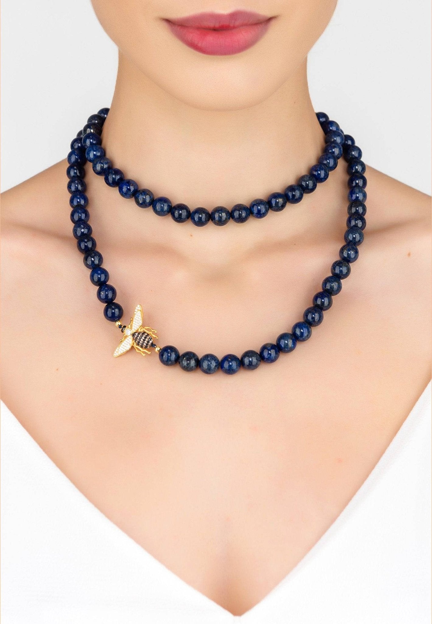 Honey Bee Lapis Lazuli Gemstone Long Necklace Gold - LATELITA Necklaces