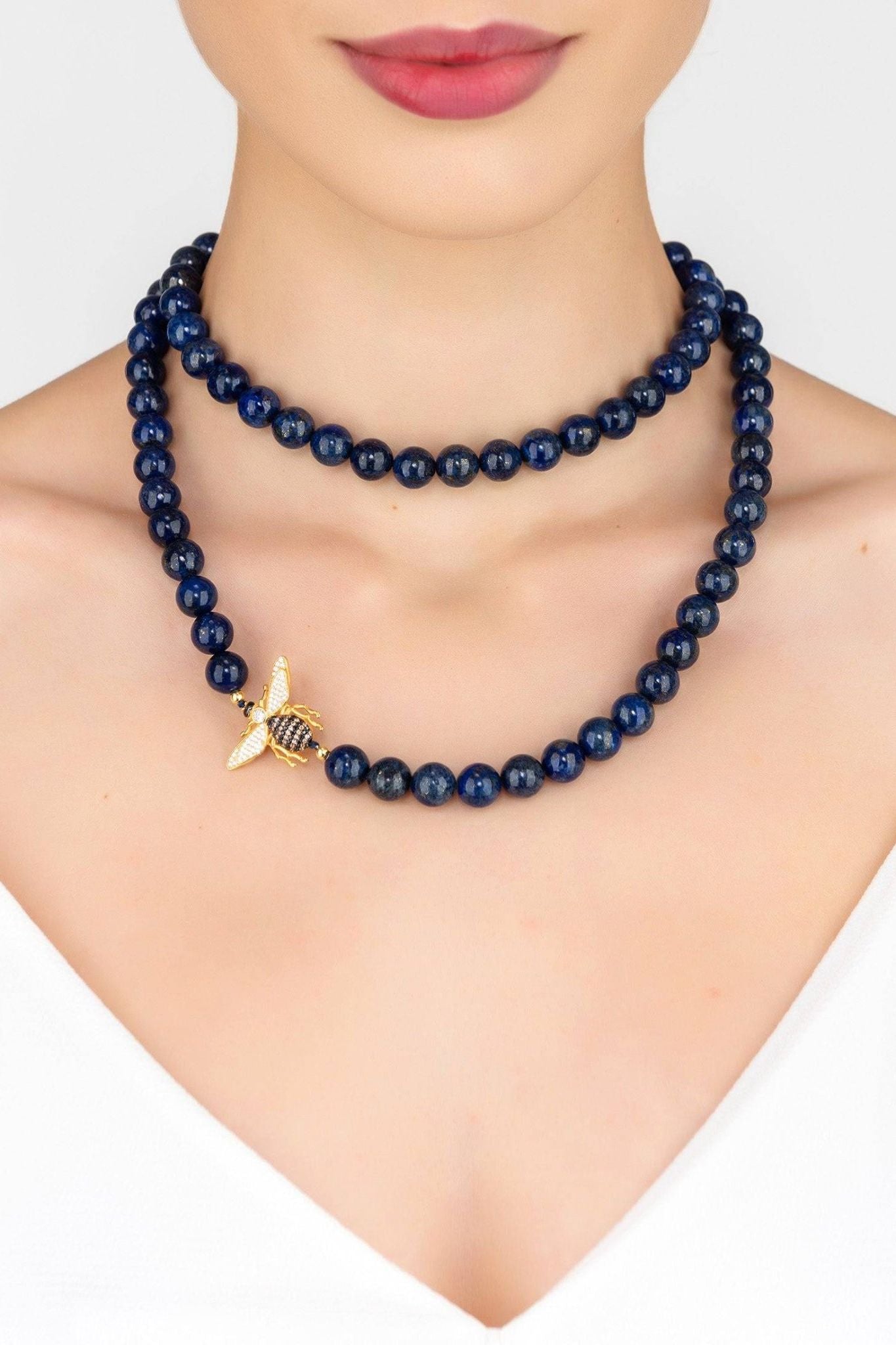 Honey Bee Lapis Lazuli Gemstone Long Necklace Gold - LATELITA Necklaces