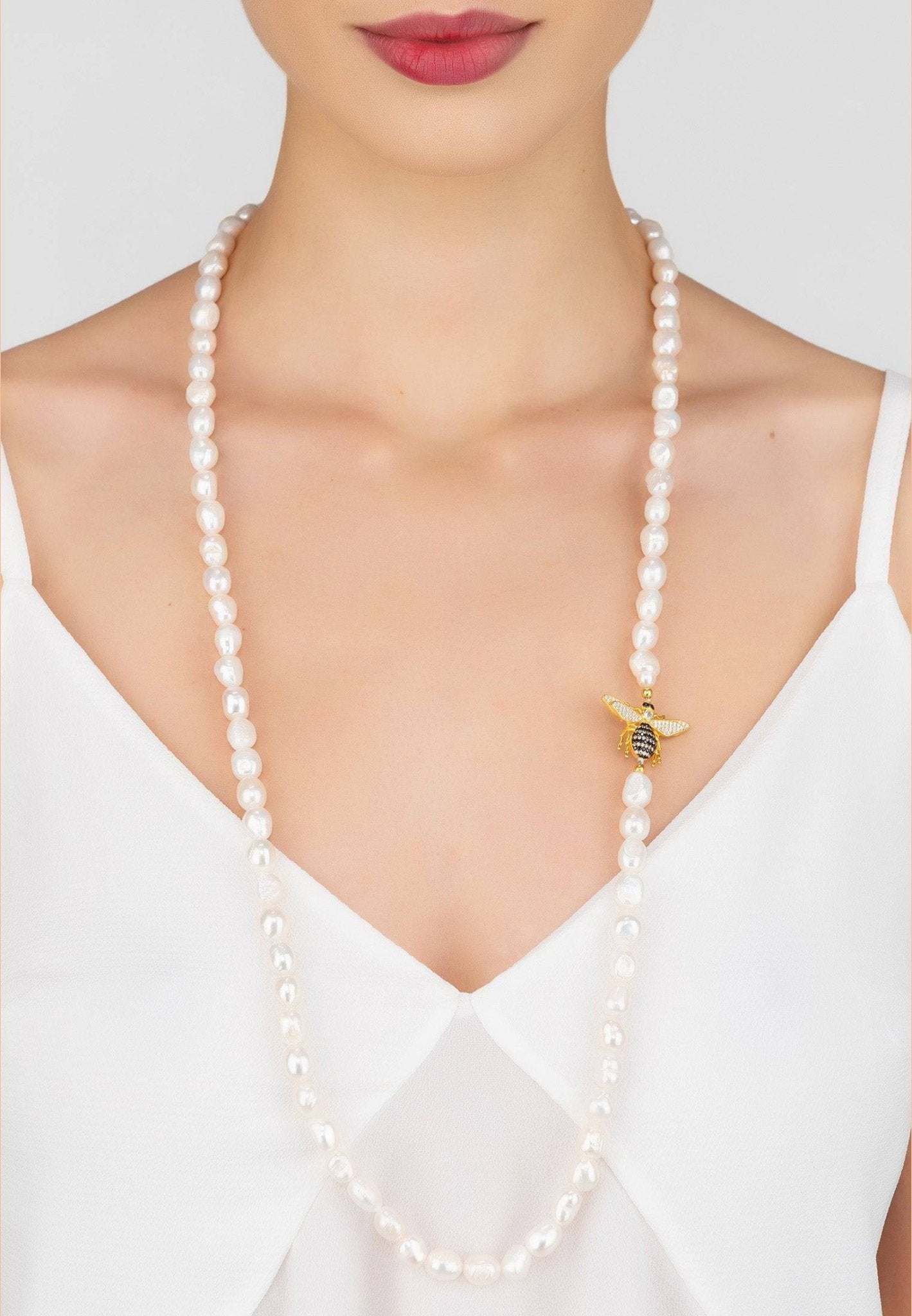 Honey Bee Pearl Gemstone Long Necklace Gold - LATELITA Necklaces