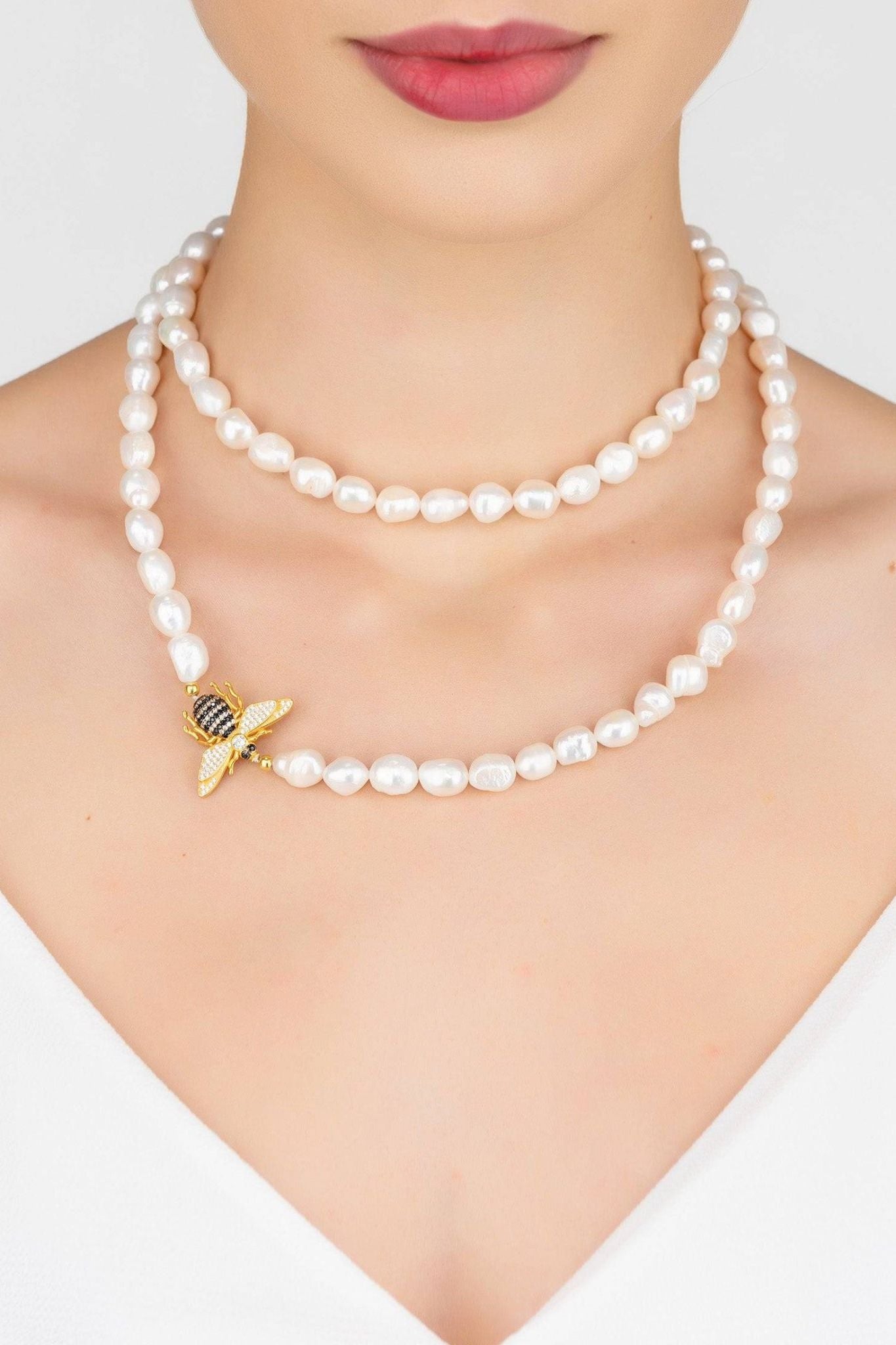 Honey Bee Pearl Gemstone Long Necklace Gold - LATELITA Necklaces