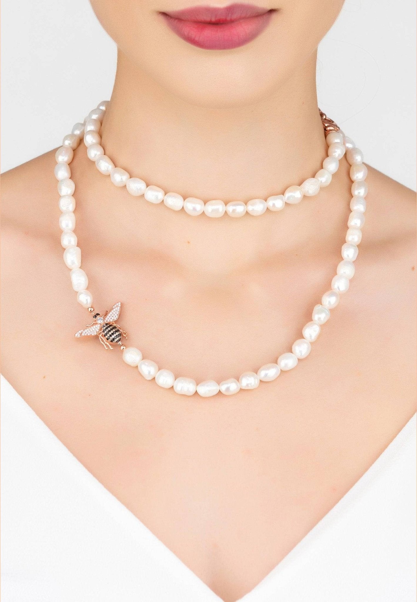 Honey Bee Pearl Gemstone Long Necklace Rosegold - LATELITA Necklaces