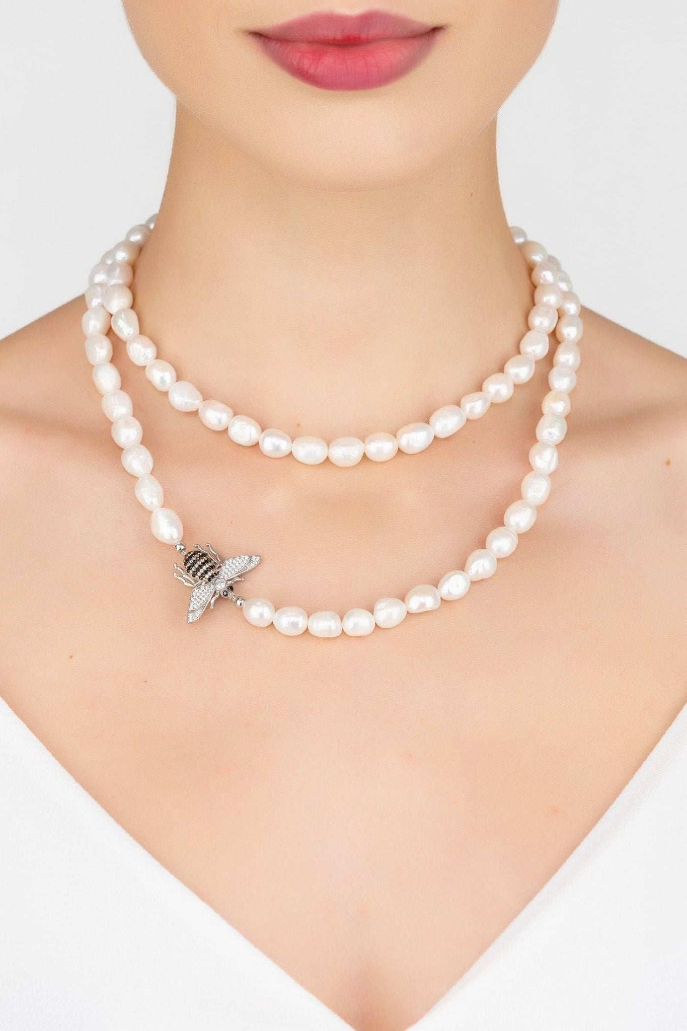 Honey Bee Pearl Gemstone Long Necklace Silver - LATELITA Necklaces