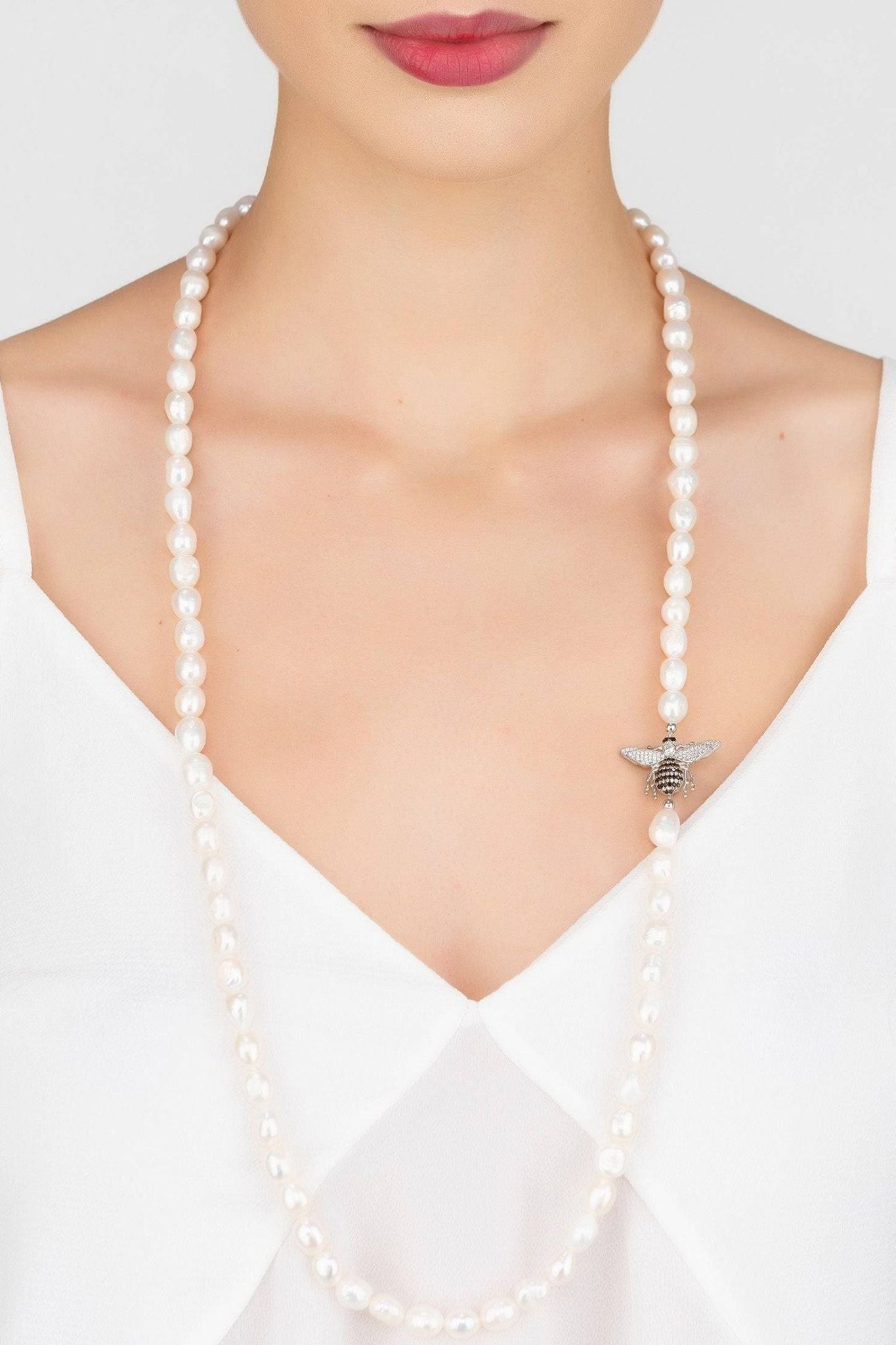 Honey Bee Pearl Gemstone Long Necklace Silver - LATELITA Necklaces