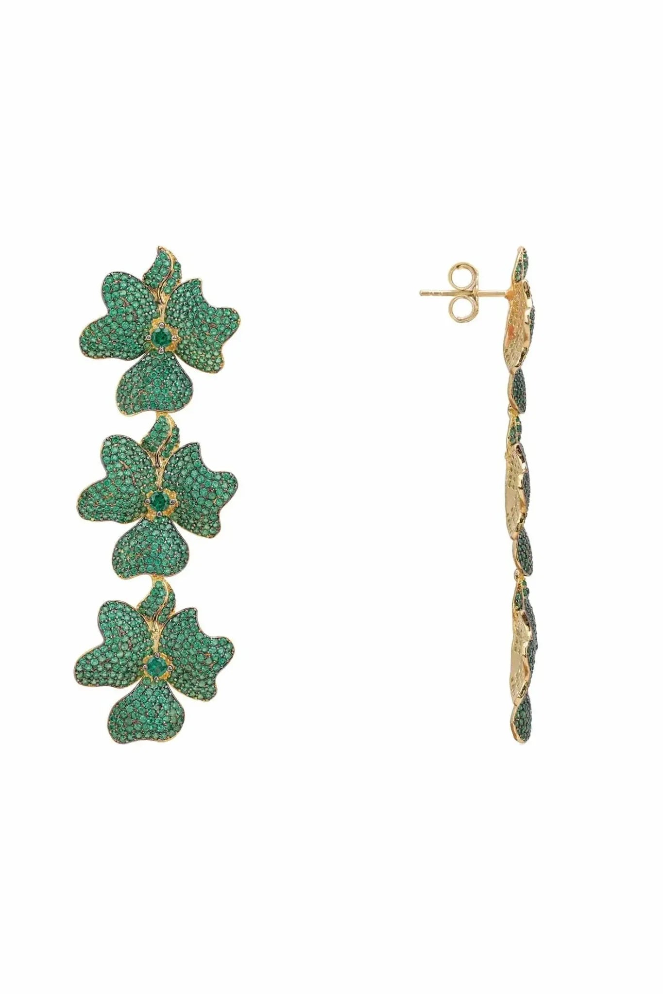 Jasmine Flower Triple Drop Earrings Gold Emerald Green - LATELITA Earrings