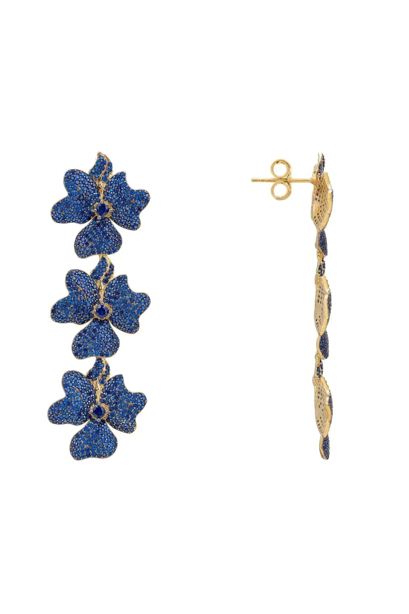 Jasmine Flower Triple Drop Earrings Gold Sapphire Blue - LATELITA Earrings