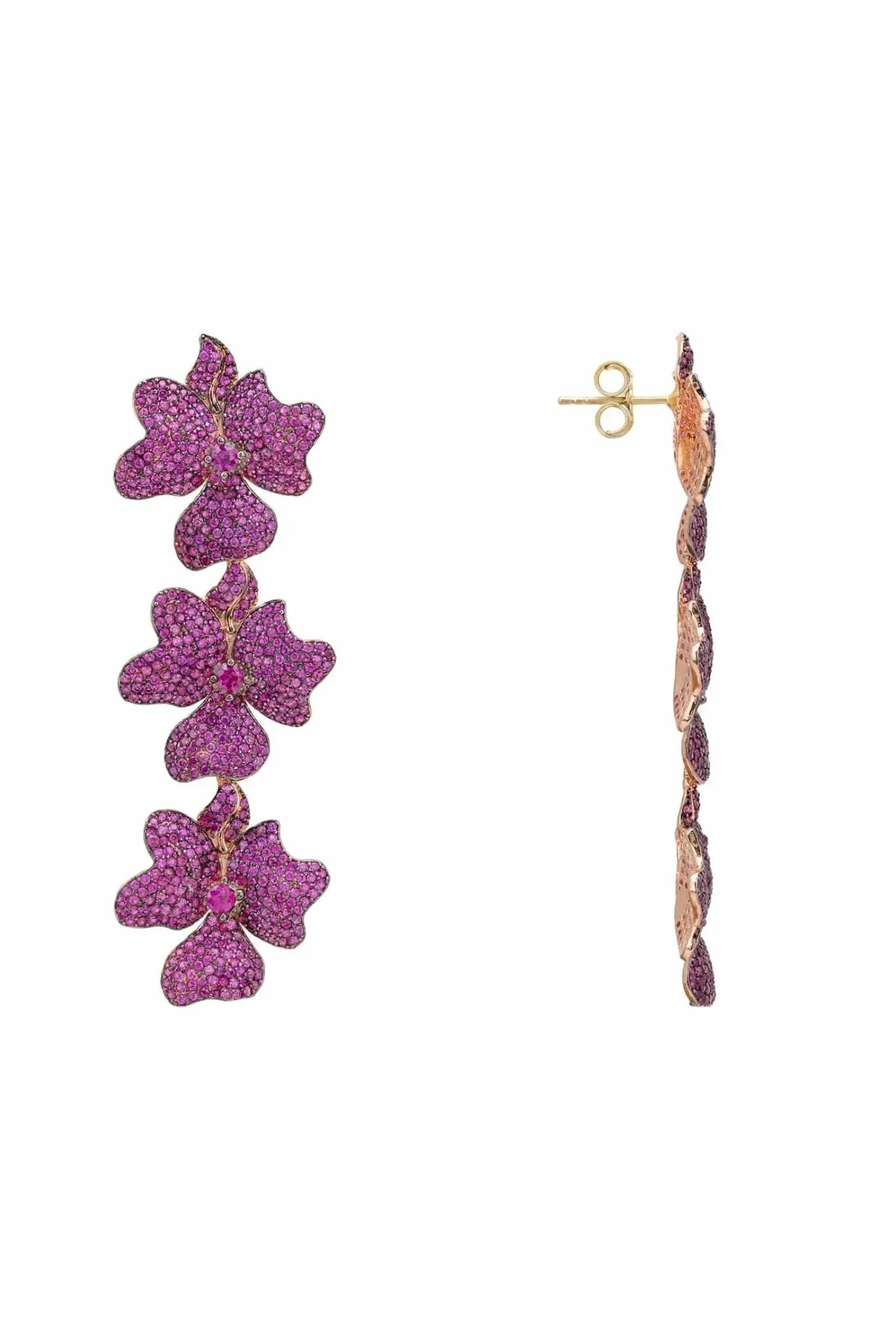 Jasmine Flower Triple Drop Earrings Rosegold Ruby - LATELITA Earrings