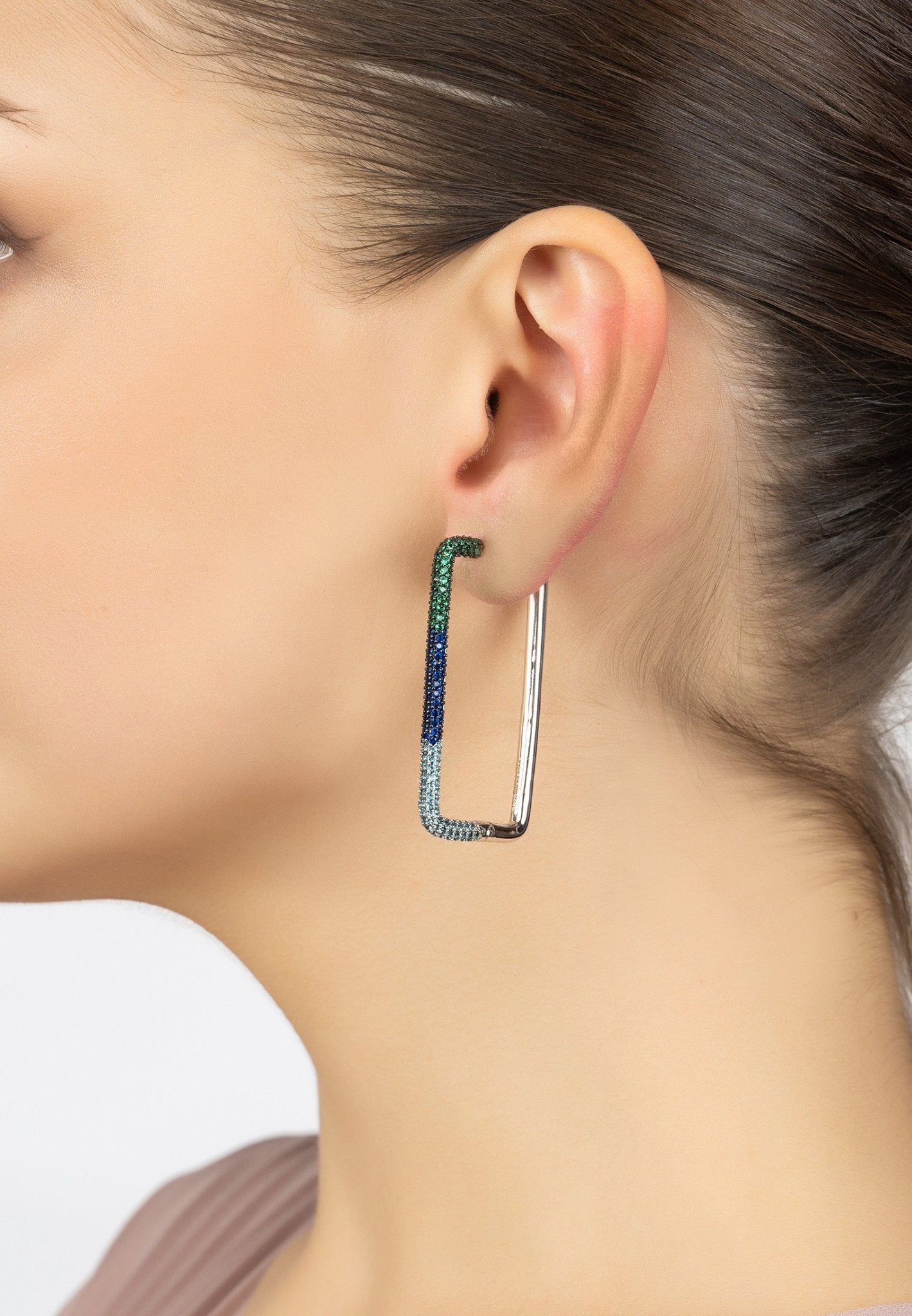 Large Link Hoop Earrings Silver Blue & Green Cz - LATELITA Earrings