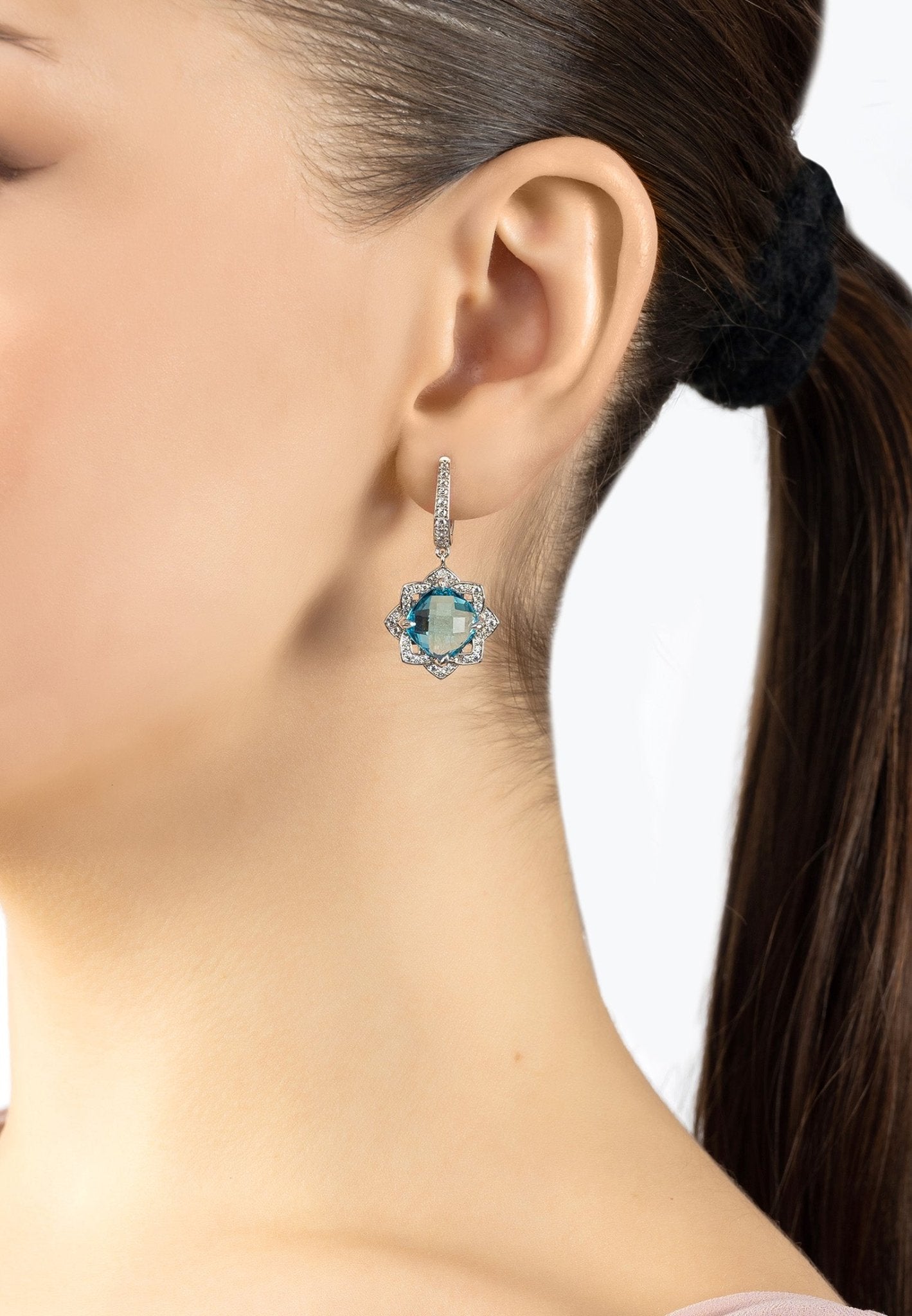 Lilian Flower Gemstone Earrings Silver Blue Topaz - LATELITA Earrings