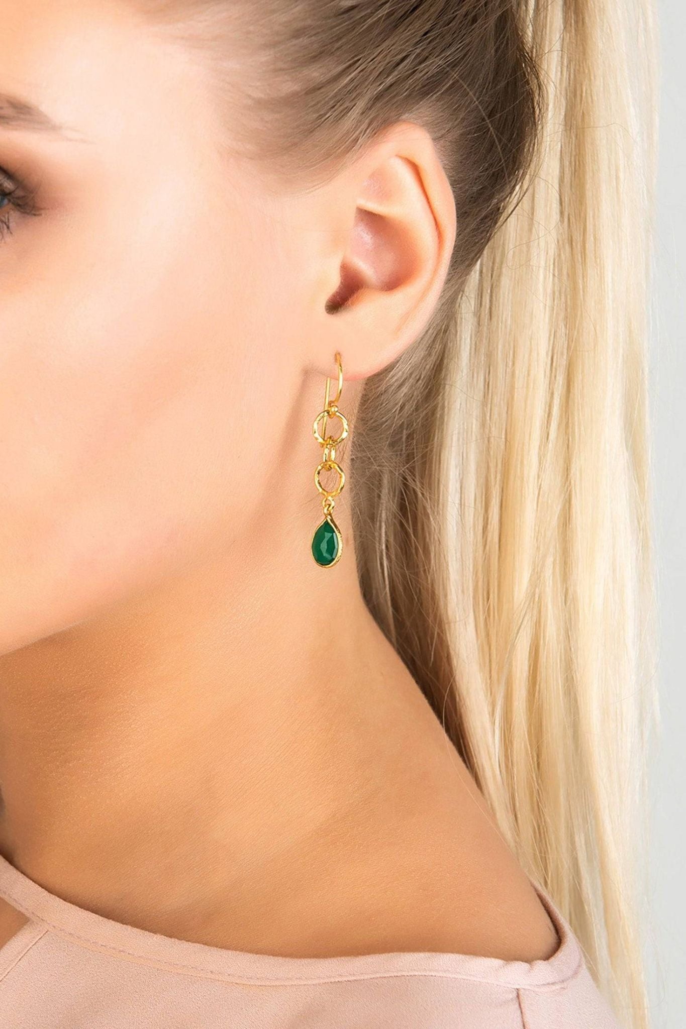 Linked Gemstone Drop Earrings Gold Green Onyx - LATELITA Earrings
