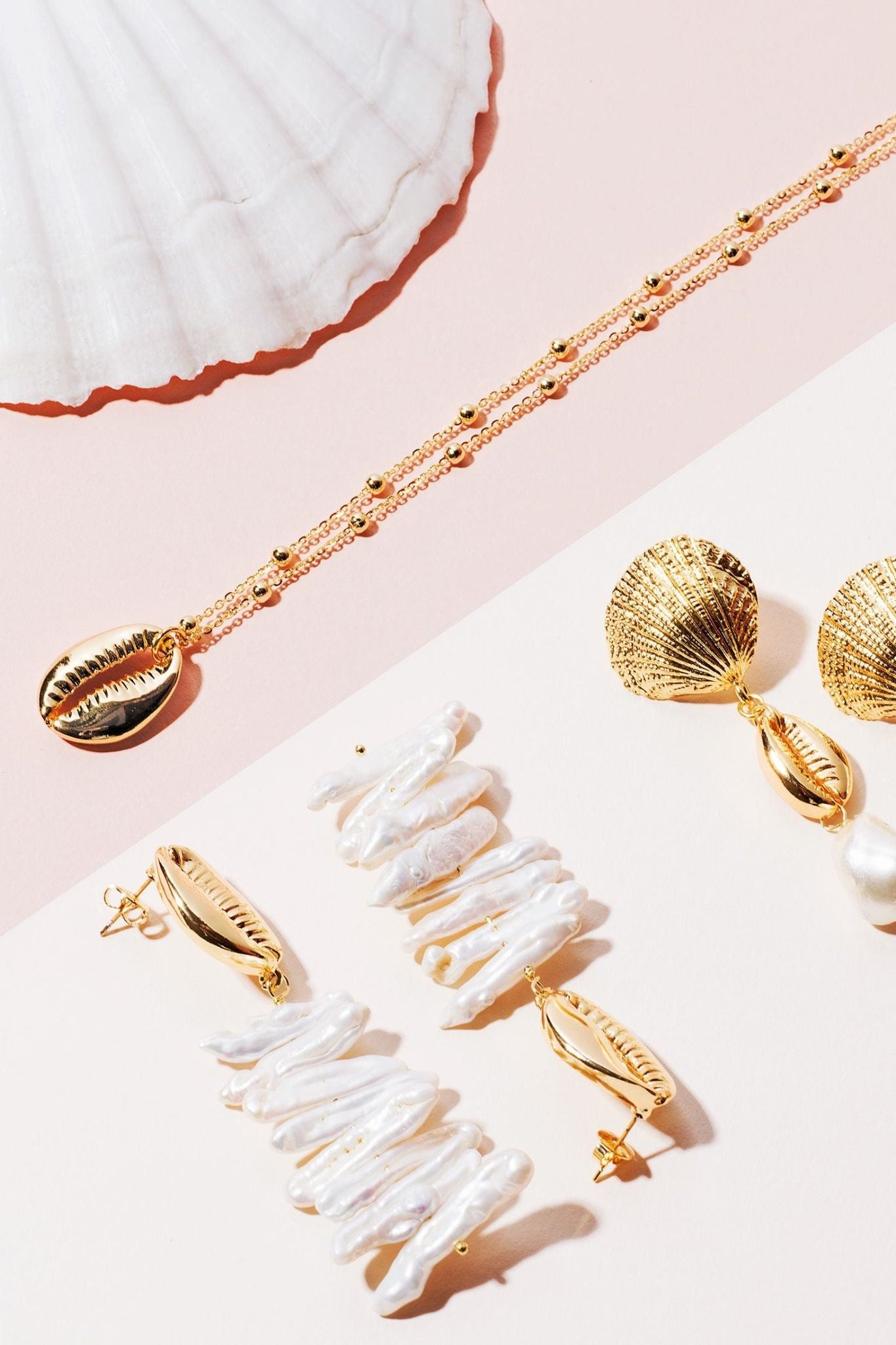 Long Cowrie Shell Pendant Necklace Ball Chain Gold - LATELITA Necklaces