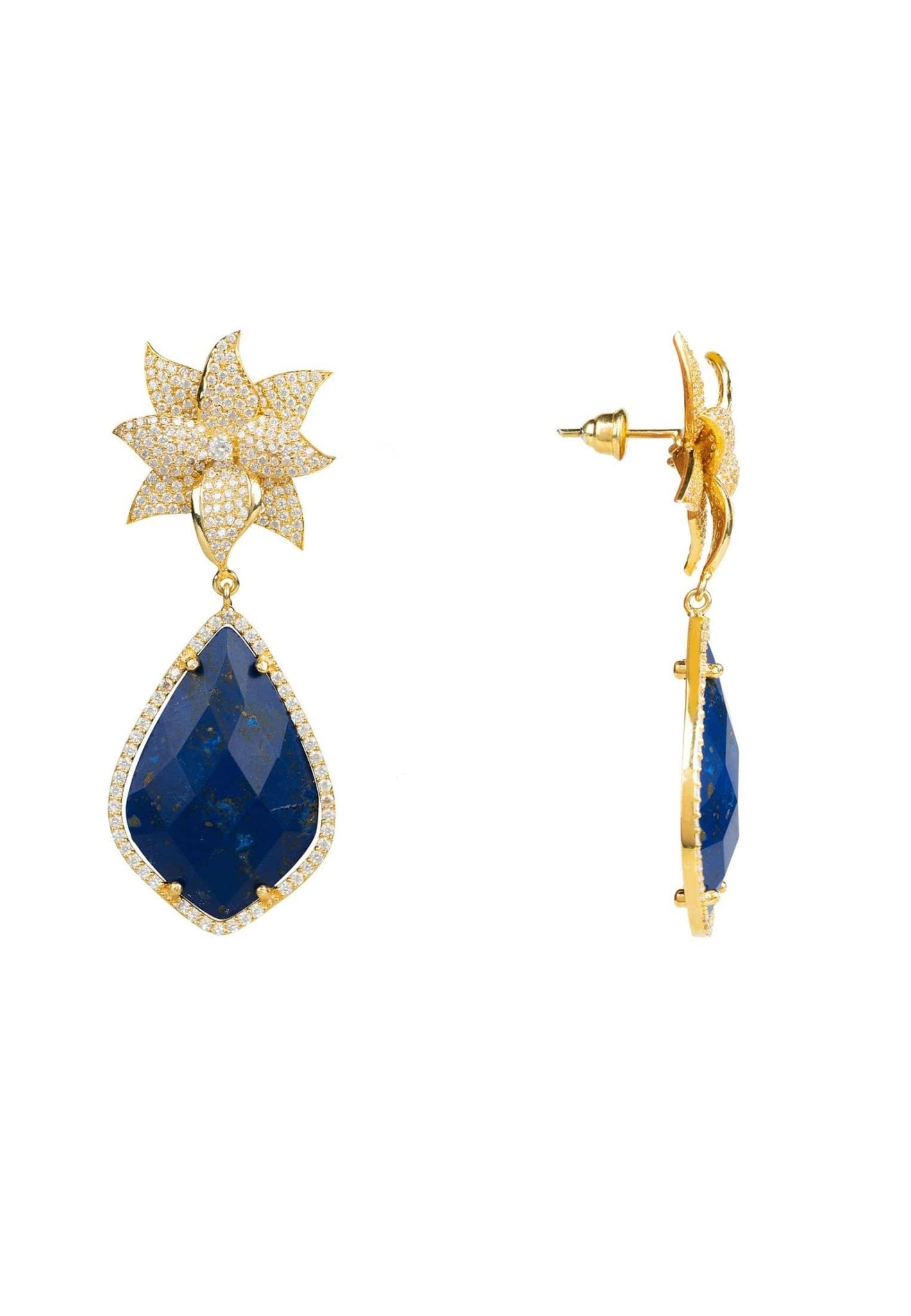 Lotus Flower Lapis Lazuli Teardrop Earrings Gold - LATELITA Earrings