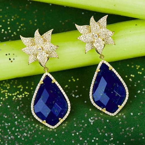 Lotus Flower Lapis Lazuli Teardrop Earrings Gold - LATELITA Earrings