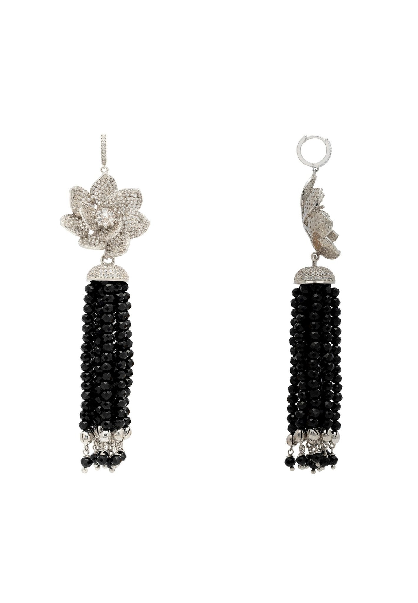 Lotus Flower Tassel Black Spinel Earrings Silver - LATELITA Earrings