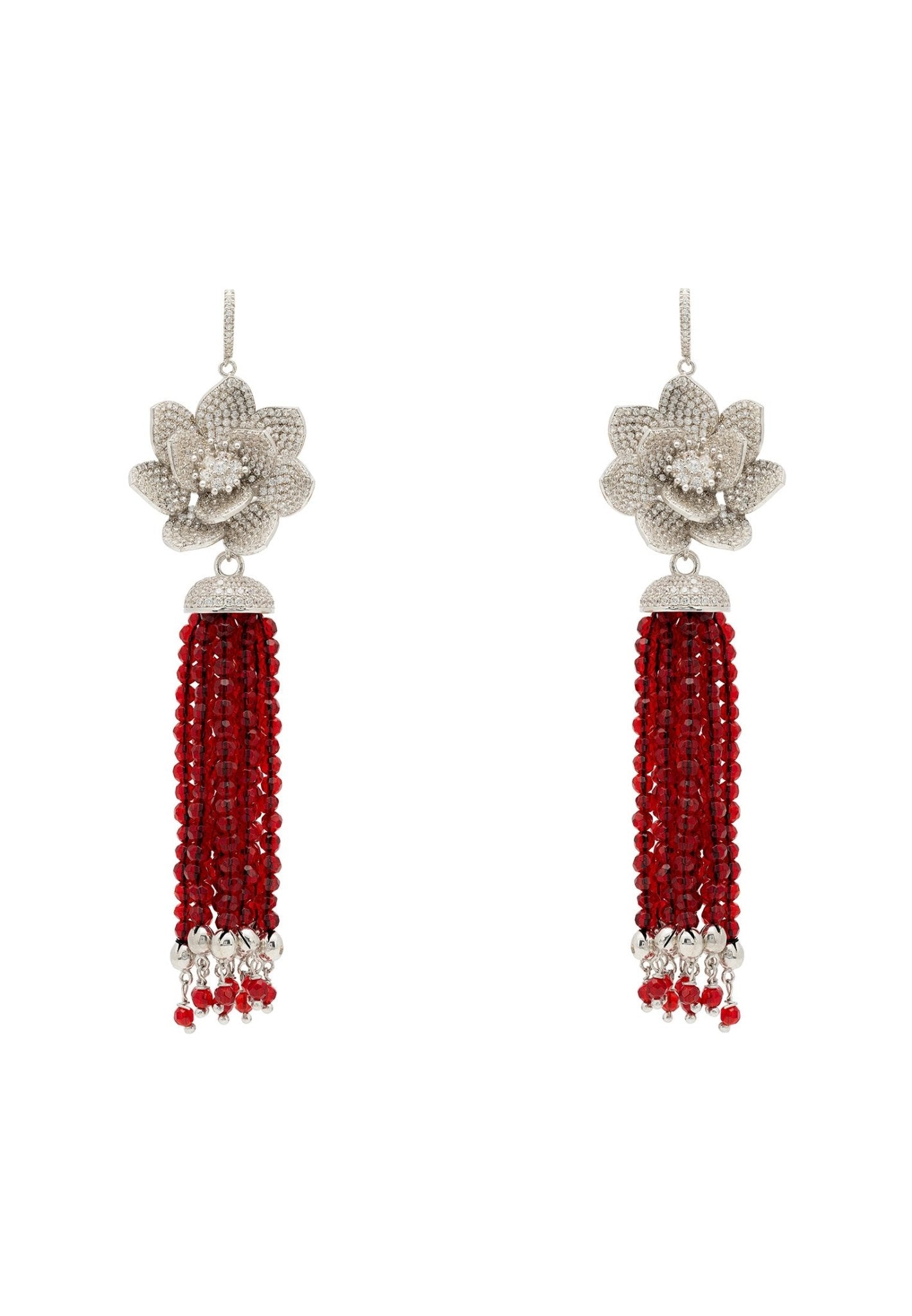 Lotus Flower Tassel Garnet Red Earrings Silver - LATELITA Earrings